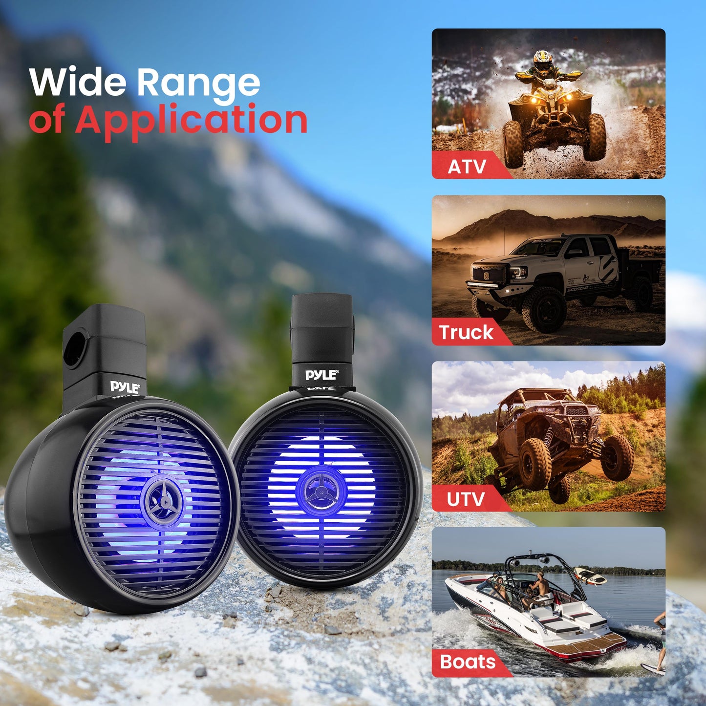 Pyle Bluetooth Waterproof Off-Road Speakers - 8” 300W 2-Way Marine Wakeboard Tower Sound System w/LED Light, Full Range Outdoor Stereo Speaker for Car ATV UTV, Jeep, Boat, Includes Brackets (Black)