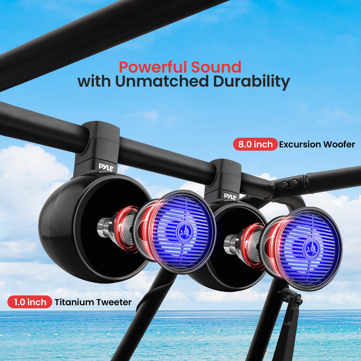 Pyle Bluetooth Waterproof Off-Road Speakers - 8” 300W 2-Way Marine Wakeboard Tower Sound System w/LED Light, Full Range Outdoor Stereo Speaker for Car ATV UTV, Jeep, Boat, Includes Brackets (Black)