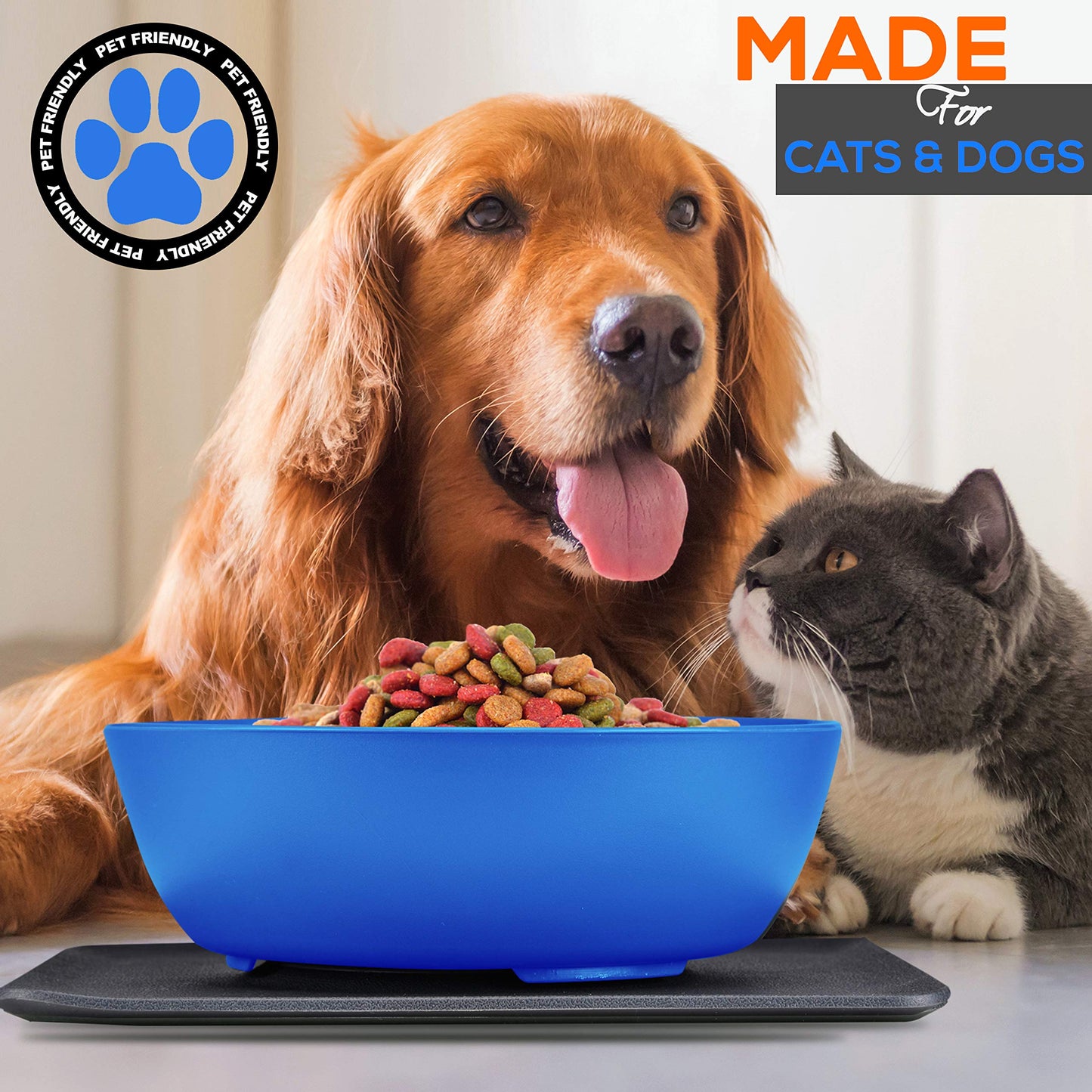 SereneLife Flip Spill Proof Set-Interlocking Non Skid Pet Puppy Cat Dog Mat-Twisty Dish Food/Water Bowl for Mess Free Feeding SLTDG6, Medium, Blue (SLTDG66)