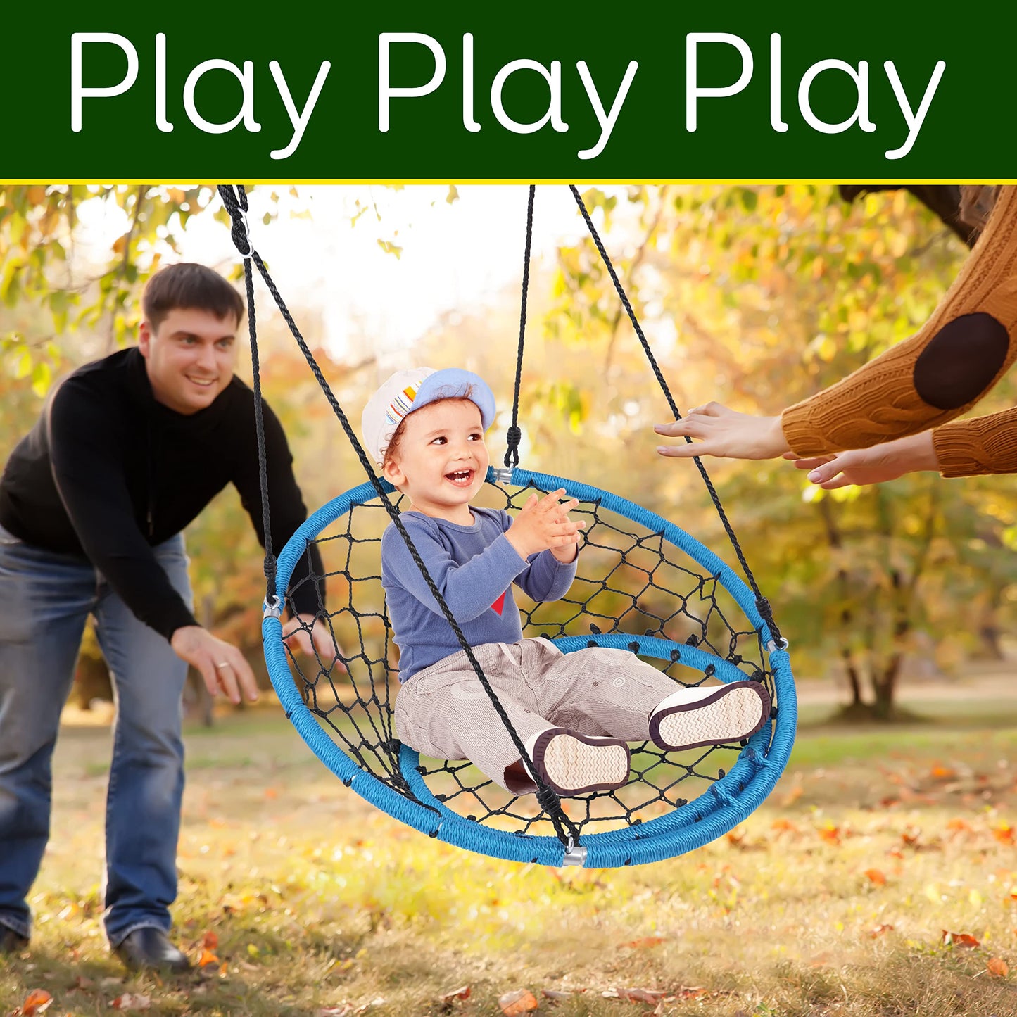 SereneLife Hanging Netted Seat Swing - 35.5" Inch Kids Indoor Outdoor Yard Round Circle Saucer Swing for Trees or Swing Sets - All Season UV Resistant Rope Swing Net Seat - SLSWNG125