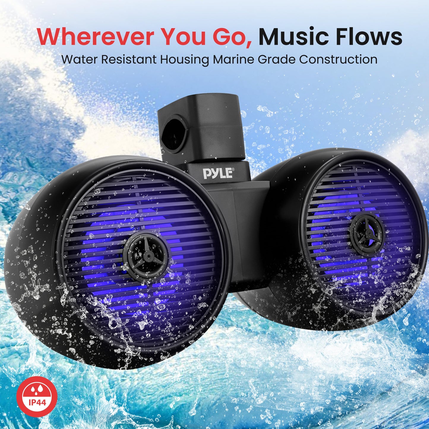 Pyle Dual Bluetooth Off-Road Speakers - 6.5” 200W 2-Way Marine Waterproof Wakeboard Tower Sound System w/LED Light, Full Range Outdoor Stereo Speaker for Car ATV Jeep Boat, Includes Brackets (Black)