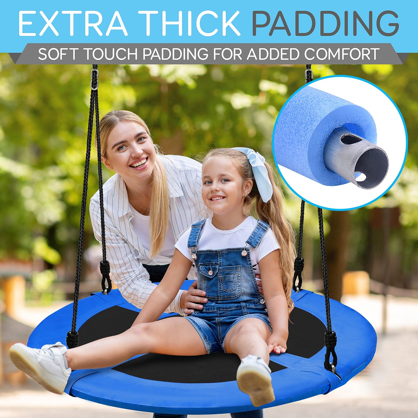 SereneLife Saucer Swing with Tree Hang Kit, 40” Outdoor Tree Swing, 2 Adjustable Hanging Rope Straps and Center Swivel Spinner for Kids (Blue)