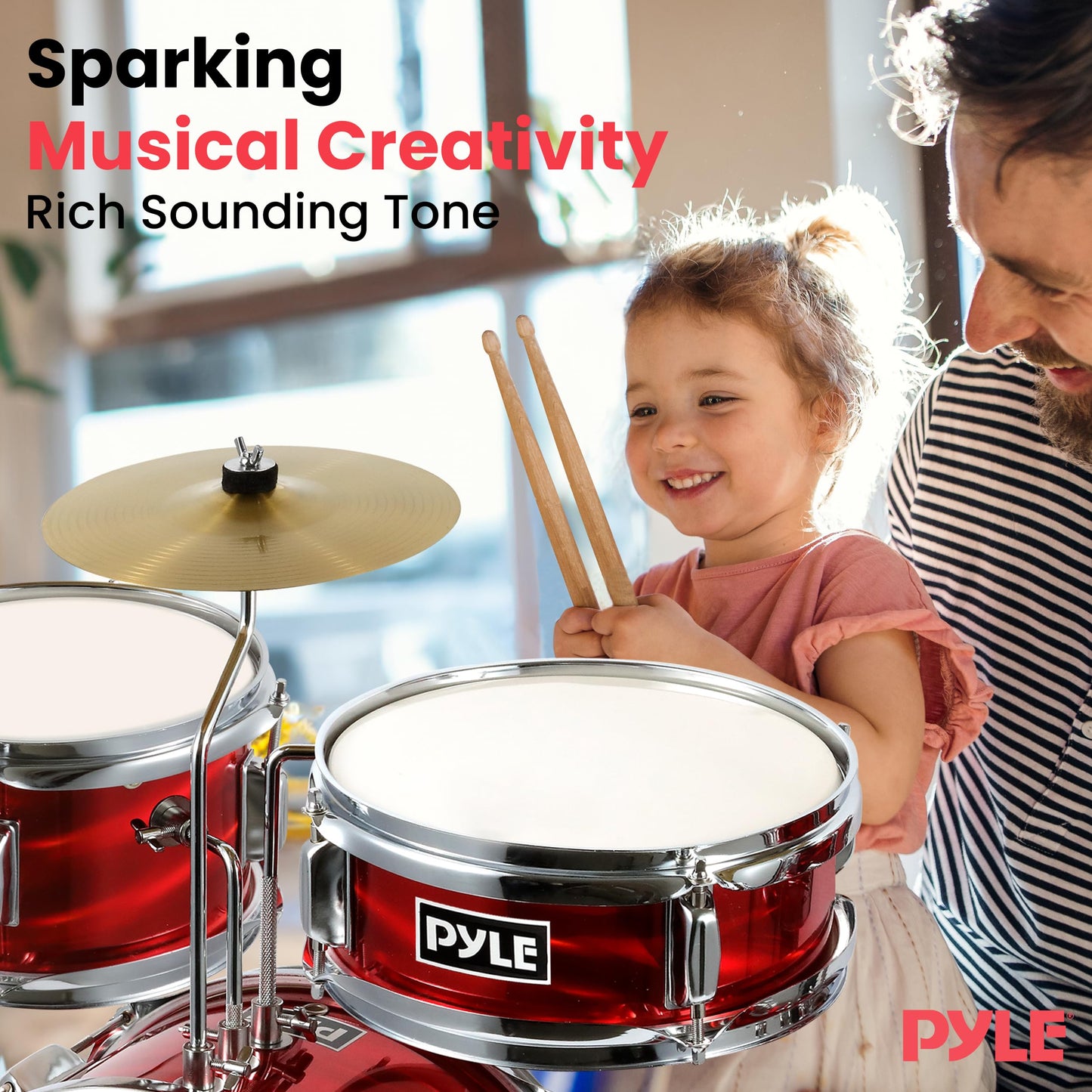 Pyle Kids Drum Set, 3 Piece Beginner Junior Drummer Kit with 13" Bass Drum, Snare, Tom, Cymbal, Adjustable Throne, Mutes, Drumsticks, Red
