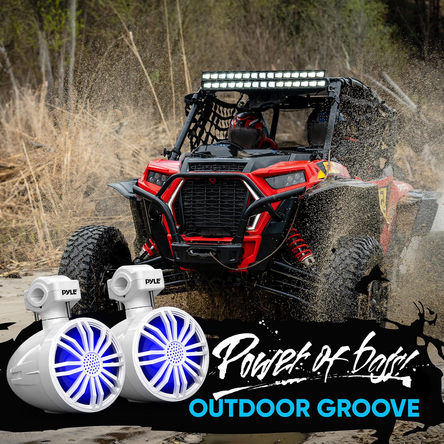 Pyle Bluetooth Waterproof Off-Road Speakers - 3.5” 40W Marine Grade Woofer Sound System w/RGB Light, Full Range Outdoor Audio Stereo Speaker for Motorcycle, ATV, Jeep, Boat, Includes Brackets (White)
