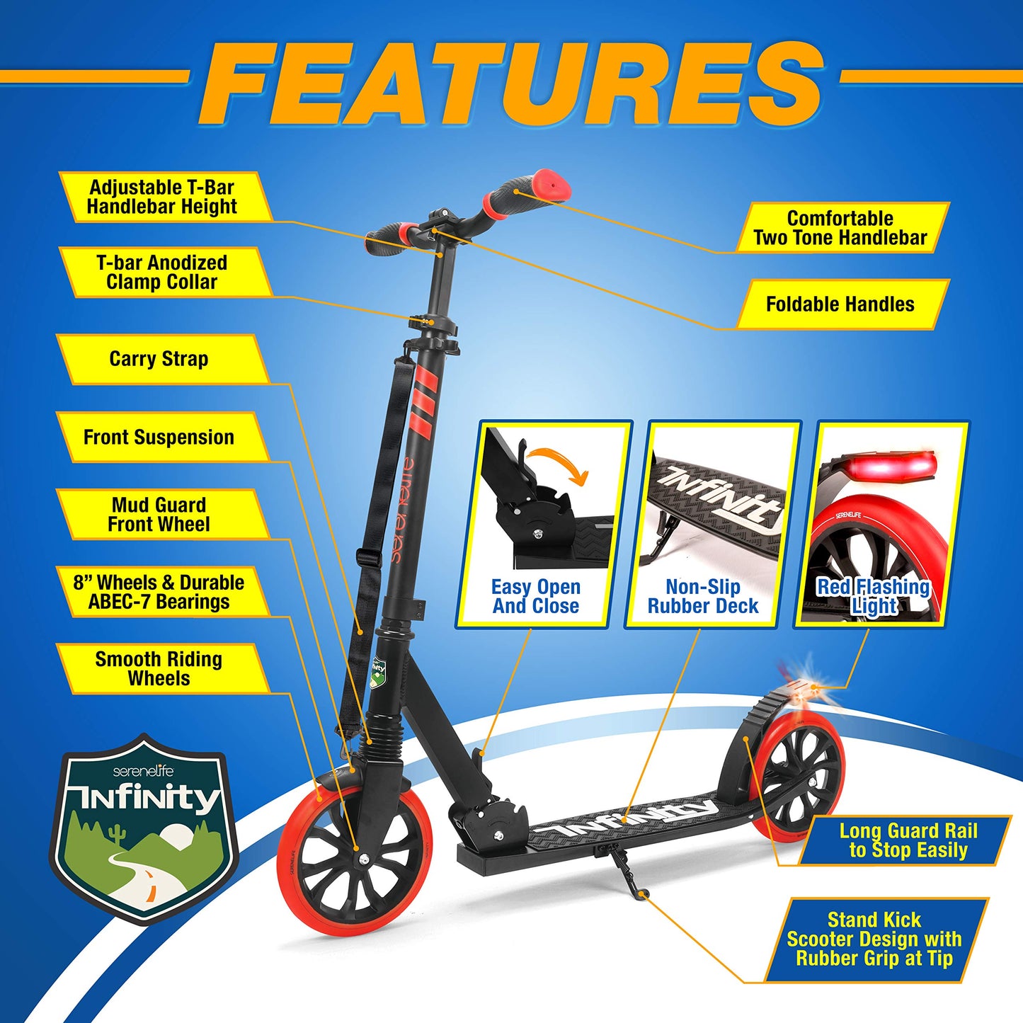SereneLife Foldable Kick Scooter - Stand Kick Scooter for Teens & Adults with Rubber Grip at Tip, Alloy Deck, Adjustable T-Bar Handlebar Height, Smooth Gliding Wheels, Easy Maneuvering (Red & Black)