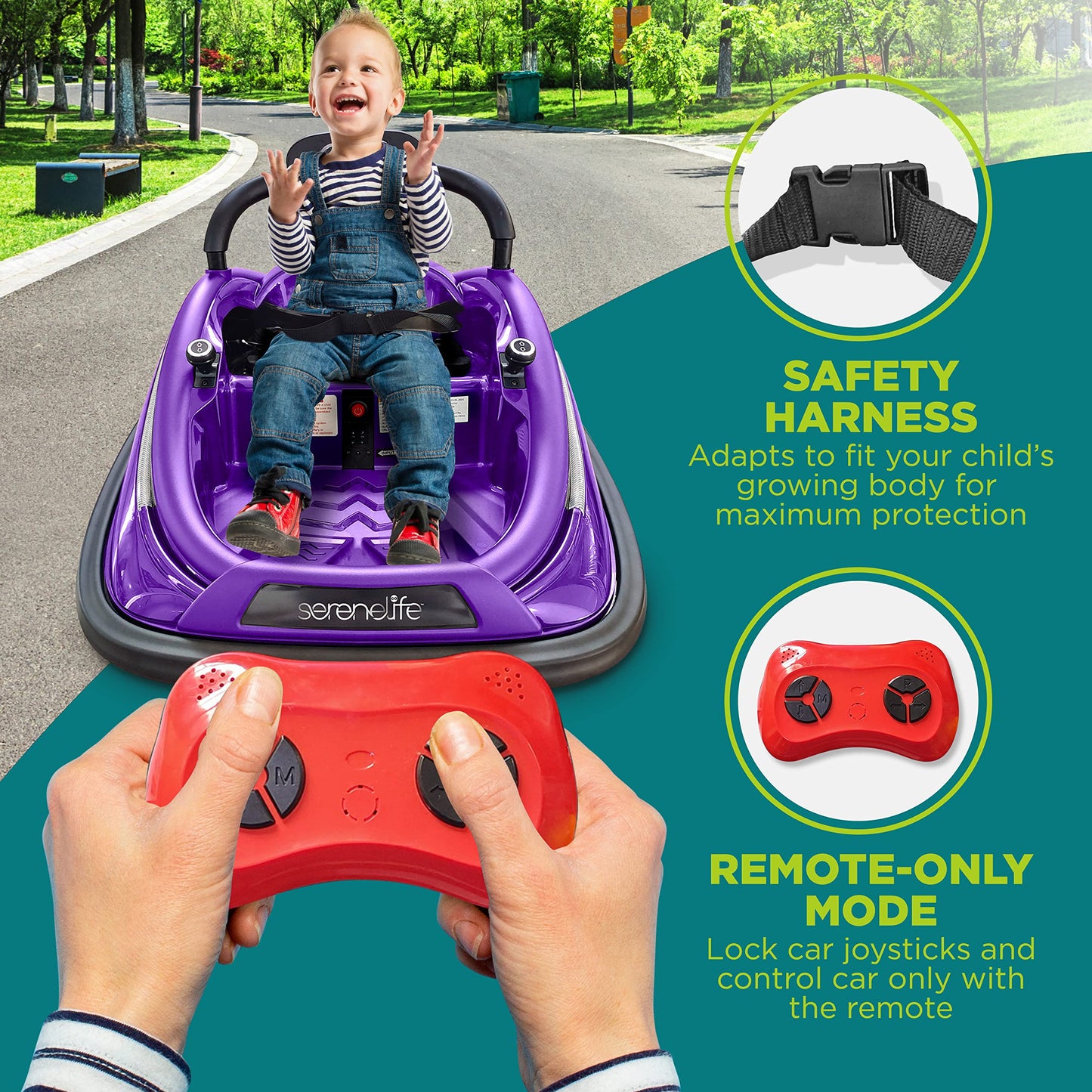 SereneLife 12V Electric Bumper Car for Kids – Remote Control Option, 360° Spin, LED Lights, Safety Belt, Kids Toddler Baby Bumper Car 3-8 Years (Purple)