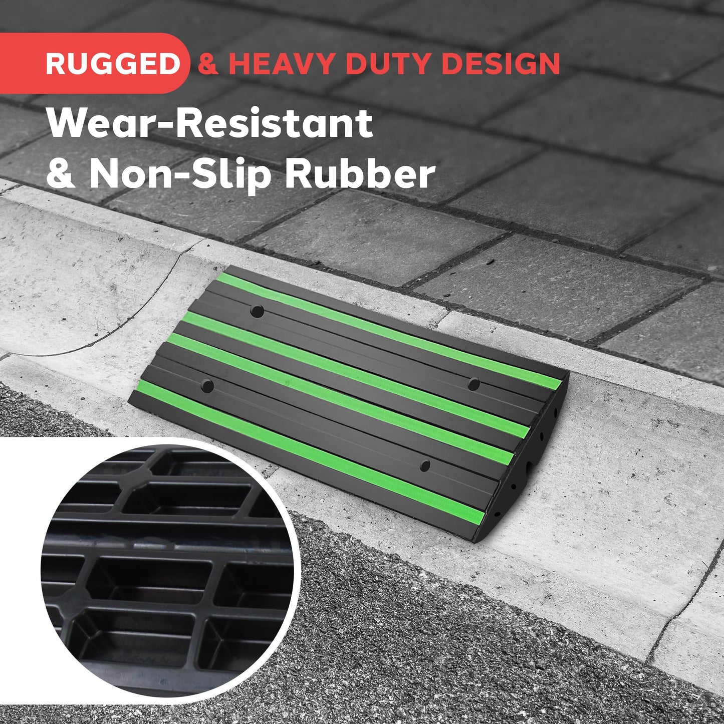 Pyle 2 Ft. Rubber Threshold Curb Ramp for Driveway - Heavy Duty Non-Slip Ramp for Vehicles - Green Reflective Strip, Marine Grade Waterproof, Ideal for Driveways & Sidewalks, 24.0"x16.0"x2.6" Inches