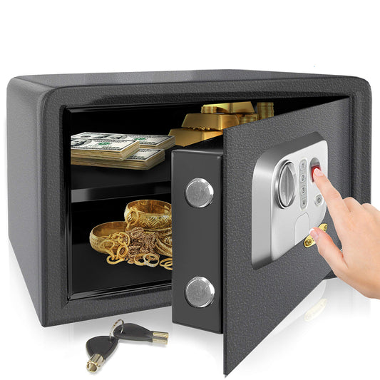 SereneLife Electronic Safe Box | Heavy Duty Money Safe | Digital Touch Pad Lockbox with Code and 2 Keys | Small Safe Box for Home or Office, Secure Cash, Jewelry, Firearms | 13.8’’ x 9.8” Black