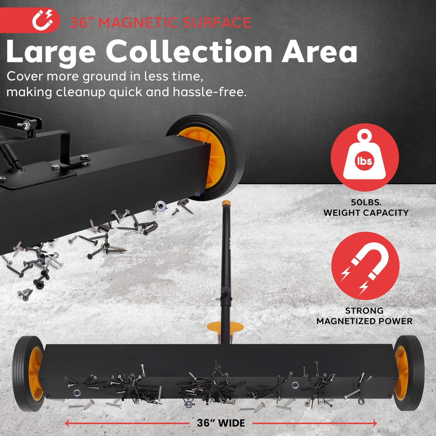 Pyle 36" Rolling Magnetic Sweeper with Adjustable Handle - Strong and Durable Metal Construction Heavy-Duty Cleaning/Metal Pickup for Industrial and Commercial Use (Black and Orange)