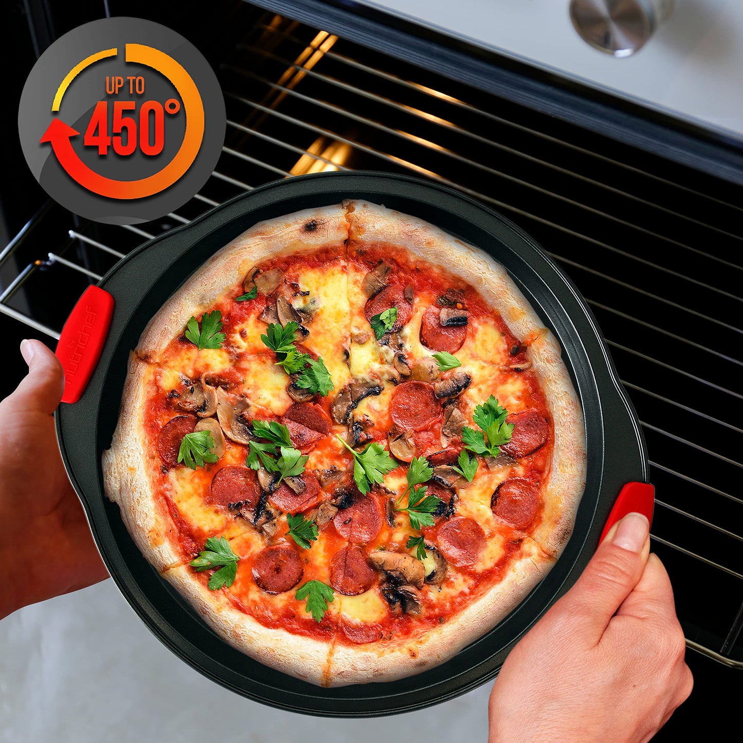 NutriChef 13-Inch Nonstick Pizza Tray - Round Carbon Steel Non-Stick Pizza Baking Pan with Perforated Holes, Premium Bakeware Pizza Screen with Silicone Grip Handles, Dishwasher Safe - NCBPIZ1