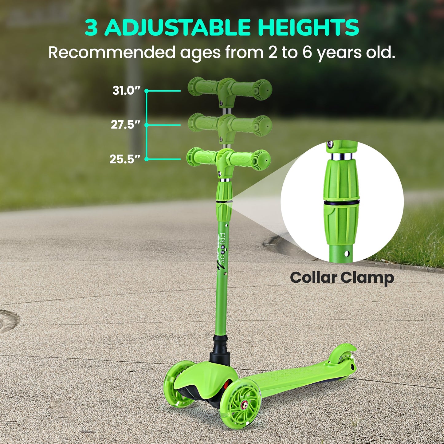 Hurtle Mini Kickboard Scooter for Kids - Height Adjustable 25''-28'', Lightweight 3-Wheel with LED Light-up Wheels, Anti-Slip,Indoor/Outdoor Fun, Micro Scooters for Ages 2-5 (Green)