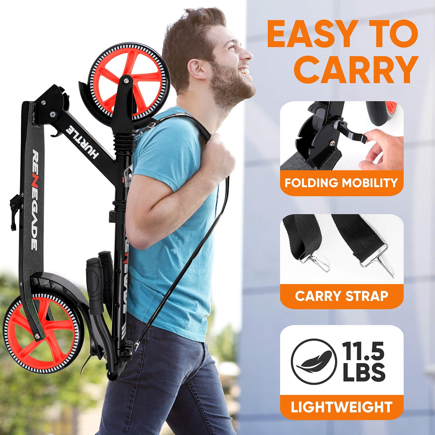 Hurtle Lightweight and Foldable Kick Scooter - Adjustable Scooter for Teens and Adult, Alloy Deck with High Impact Wheels (Black)