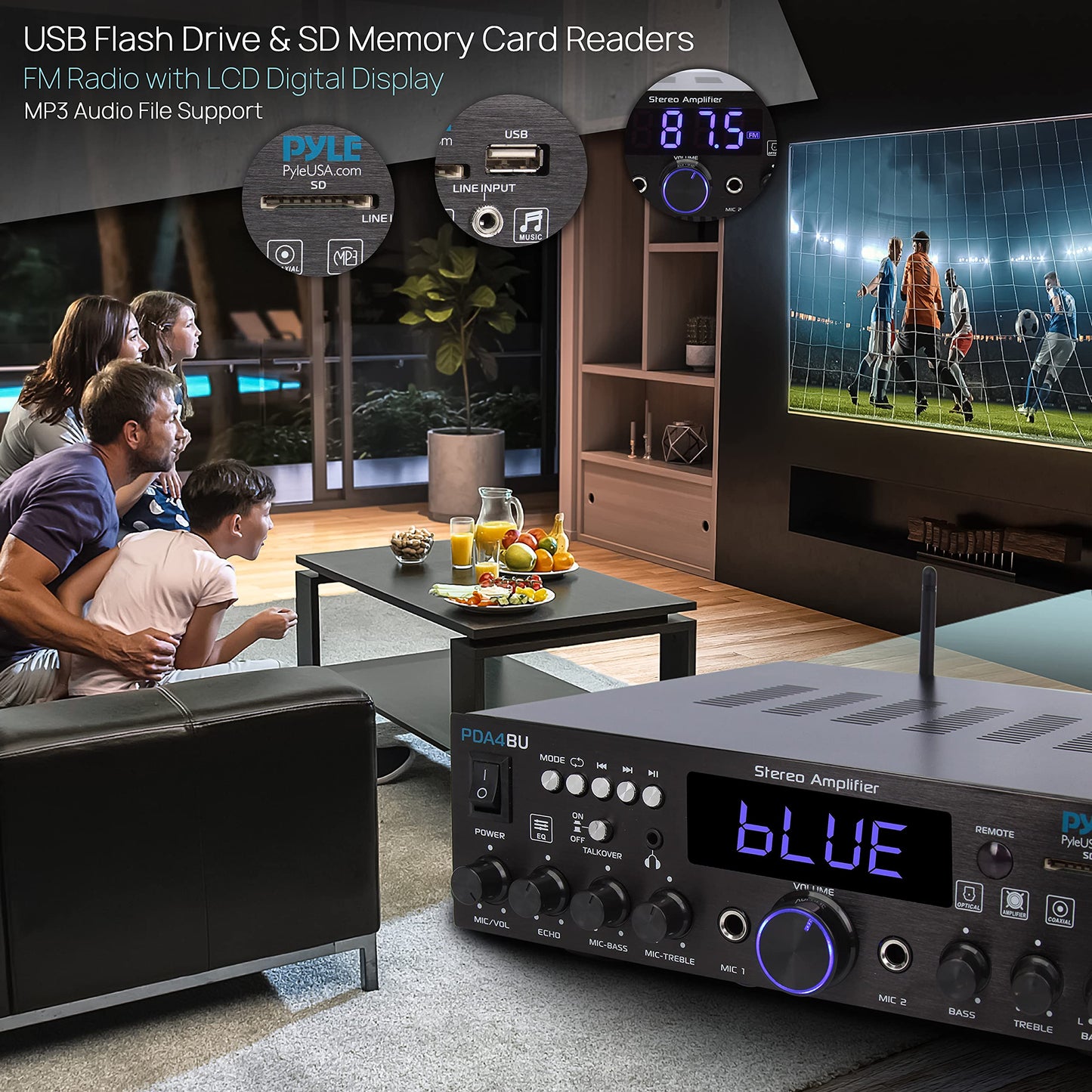 Pyle 200W Wireless Bluetooth Home Stereo Amplifier - Multi-Channel Audio Receiver with Optical - Phono - Coaxial - FM - USB/SD - AUX - RCA - 2 Mic Inputs - ‘Talk-Over’ - Antenna - Remote - PDA4BU