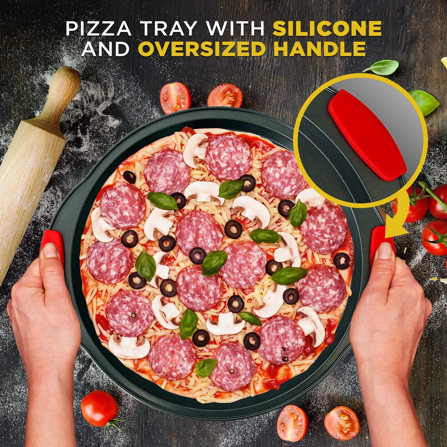 NutriChef 13-Inch Nonstick Pizza Tray - Round Carbon Steel Non-Stick Pizza Baking Pan with Perforated Holes, Premium Bakeware Pizza Screen with Silicone Grip Handles, Dishwasher Safe - NCBPIZ1