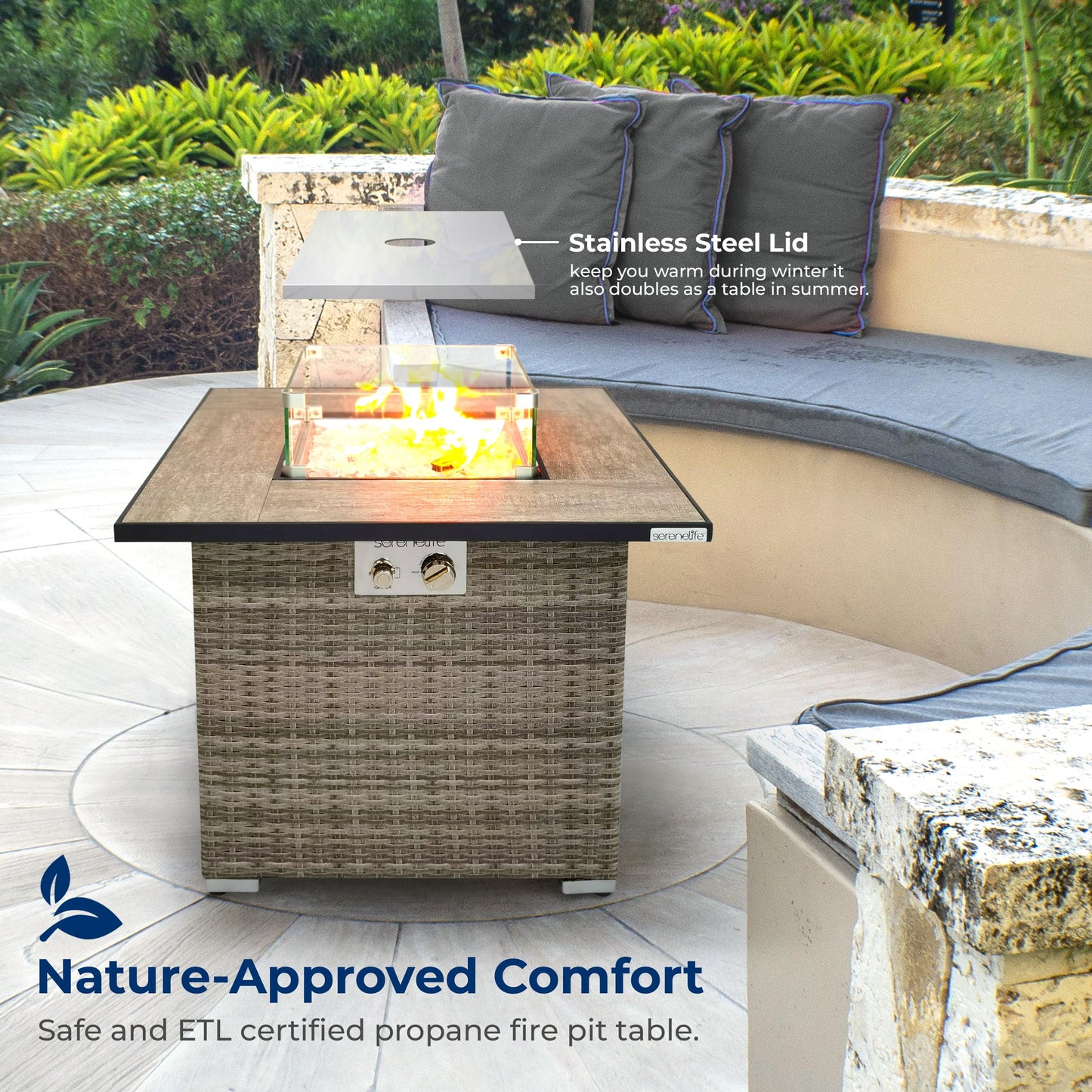 Outdoor Propane Fire Pit Table - CSA/ETL Certified Safe 50,000 BTU Pulse Ignition Weatherproof Square Wicker Propane Gas Fire Table w/Tile Tabletop Adjustable Flame - Glass Rocks