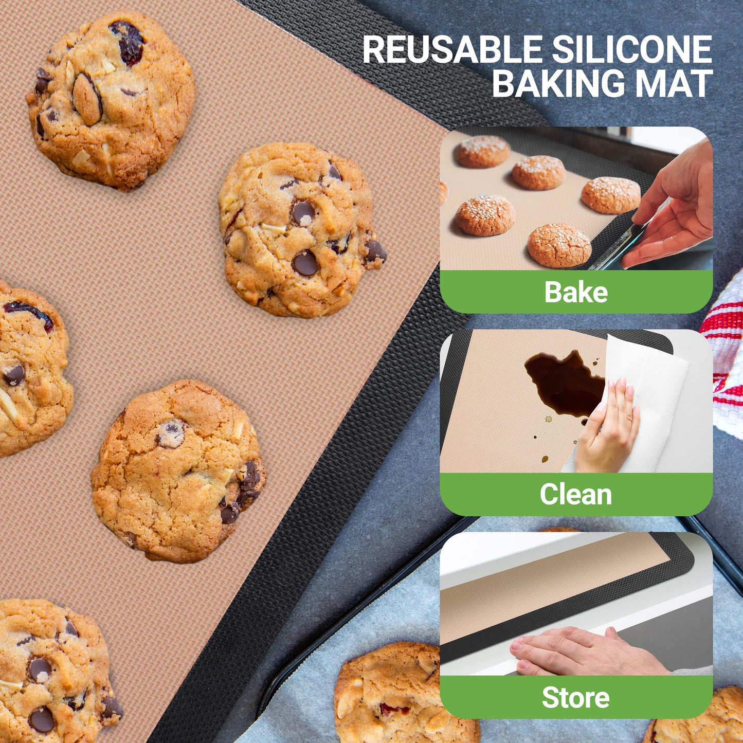 Nutrichef Silicone Baking Mats - 2 Non-stick Food-Grade Reusable Silicone Mats - Perfect for Half Baking Pans 16.5 x 11.6 IN - Oven-Safe Up to 480 Degrees F - Safe for Ovens & Dishwashers - Black