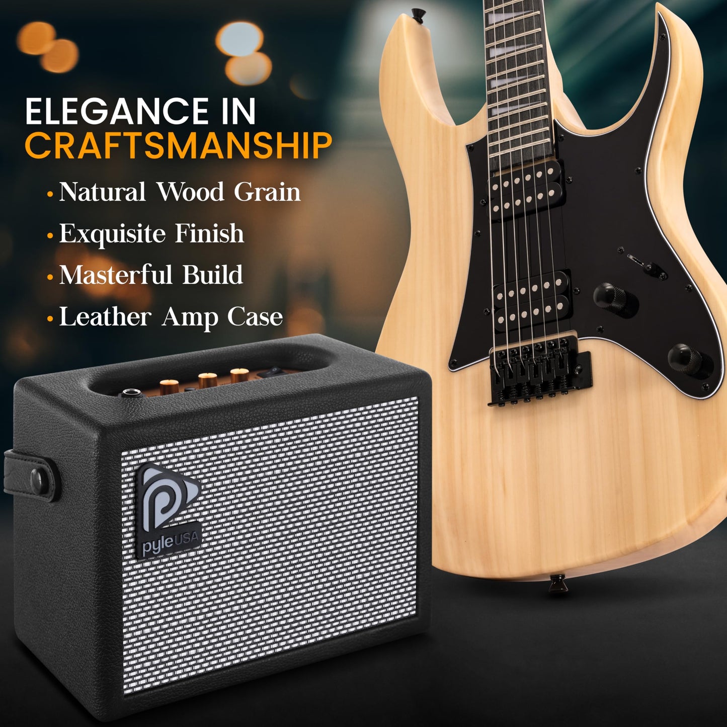 Pyle Prog Rock EG Series Electric Guitar with Amp Kit, 39" Full Size with Dual Humbucker Pickups, Low Profile Neck and Solid Paulownia Body, Premium Accessory Kit Included (Natural)