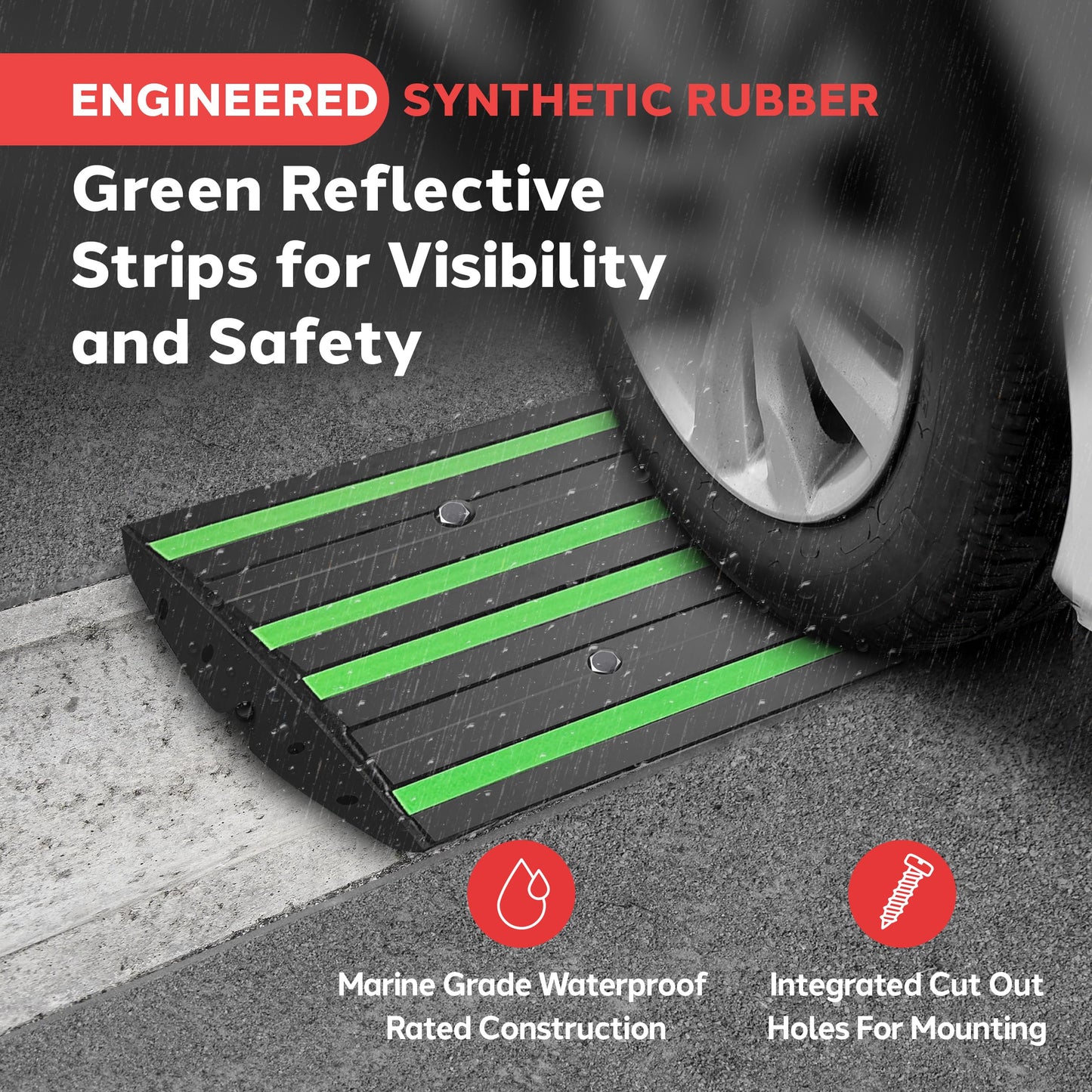 Pyle 2 Ft. Rubber Threshold Curb Ramp for Driveway - Heavy Duty Non-Slip Ramp for Vehicles - Green Reflective Strip, Marine Grade Waterproof, Ideal for Driveways & Sidewalks, 24.0"x16.0"x2.6" Inches