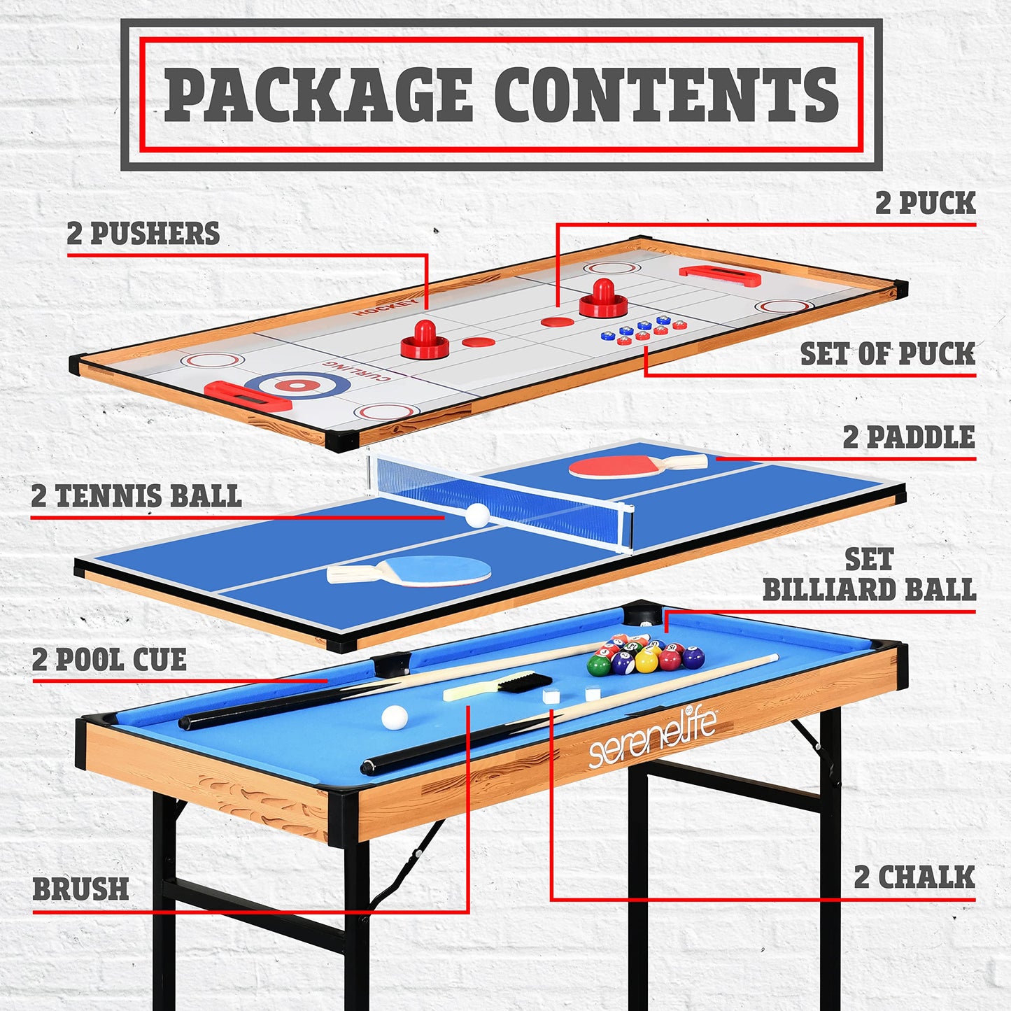 SereneLife 4 in 1 Multi Game Table, 4’x2’ Folding Portable Sports Arcade Games with Accessories, Ping Pong, Air Hockey, Pool Billiards, and Shuffleboard, for Indoor, Outdoor, All Ages