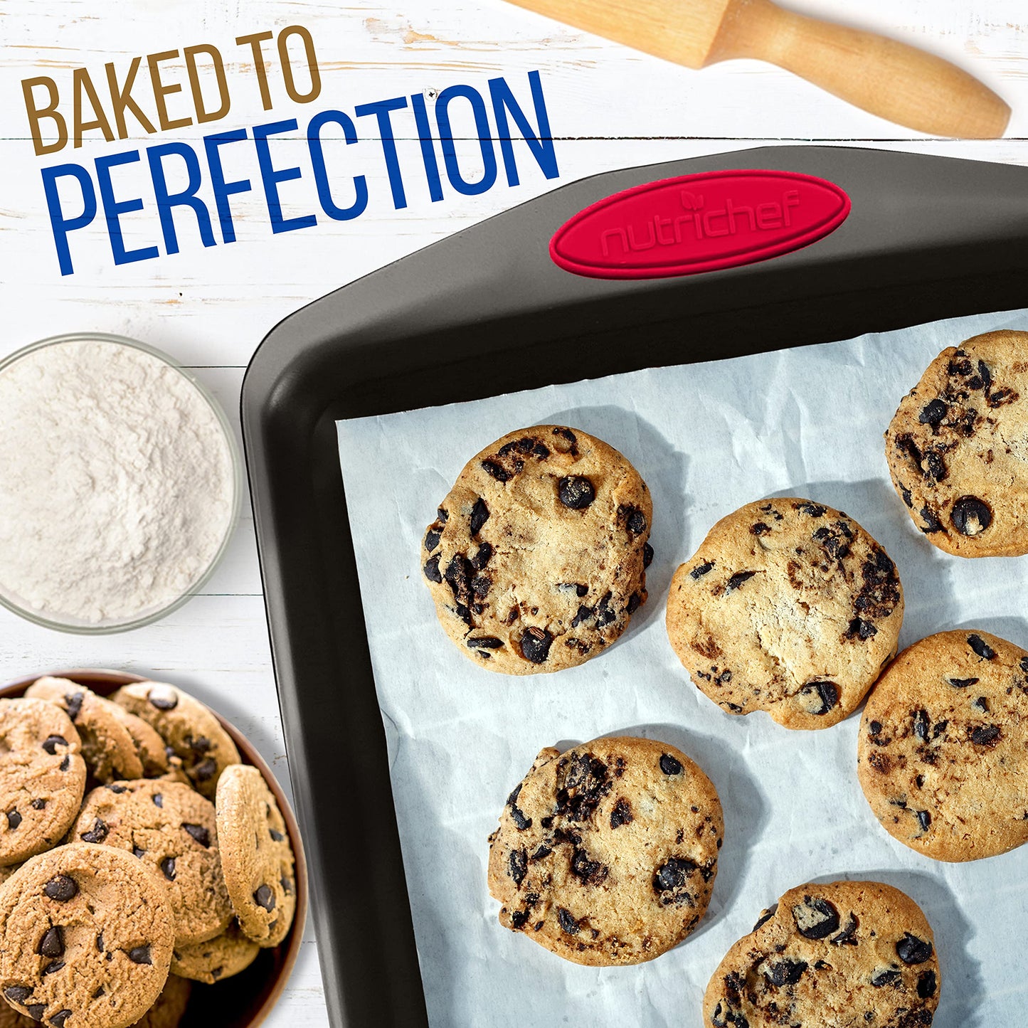NutriChef 2-Piece Nonstick Baking Pan Set – Carbon Steel Cookie Sheet w/Red Silicone Grip Handles – Durable, Heavy-Duty Bakeware for Even Heat Distribution – Oven Safe, Easy Cleanup – Black