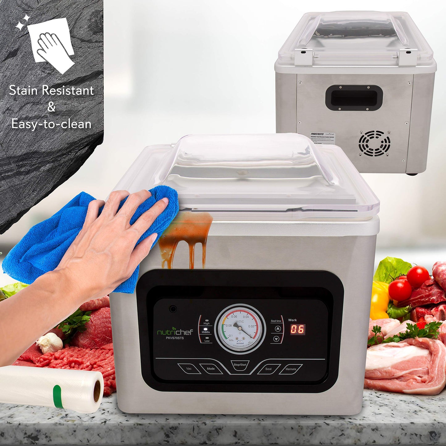 NutriChef Food Saver Vacuum Sealer Machine-Compact 350W Sous Vide Vacuum Sealer with 8L Chamber-Airtight Food Storage System for Home & Commercial Use, Includes Vacuum Sealer Bags, Rolls & Accessories