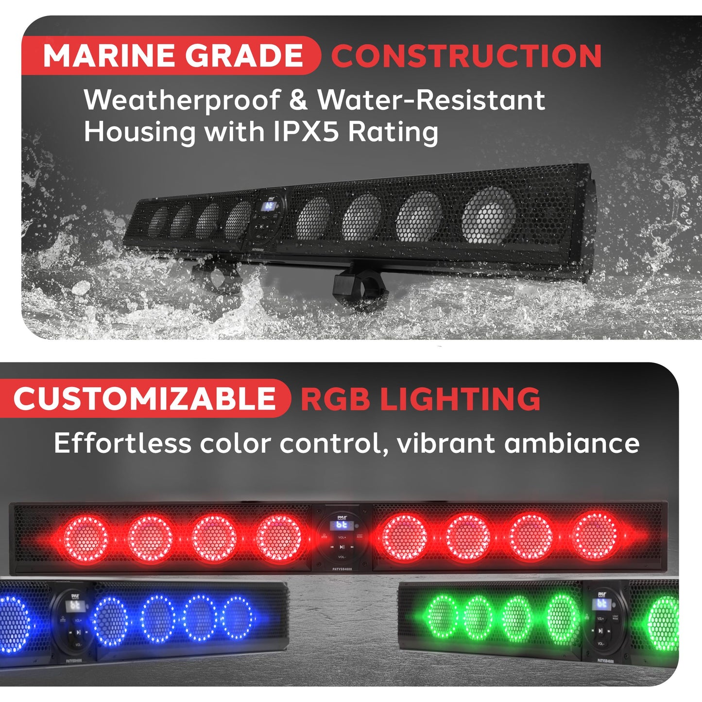 Pyle 46" Marine Sound Bar Speaker System for ATV/UTV with Bluetooth, 360W Peak Power Built-in Amplifier, 8x4 Woofers, 2x1 Treble, Remote Control, USB/AUX Input, Handlebar Mount, IPX5 Waterproof