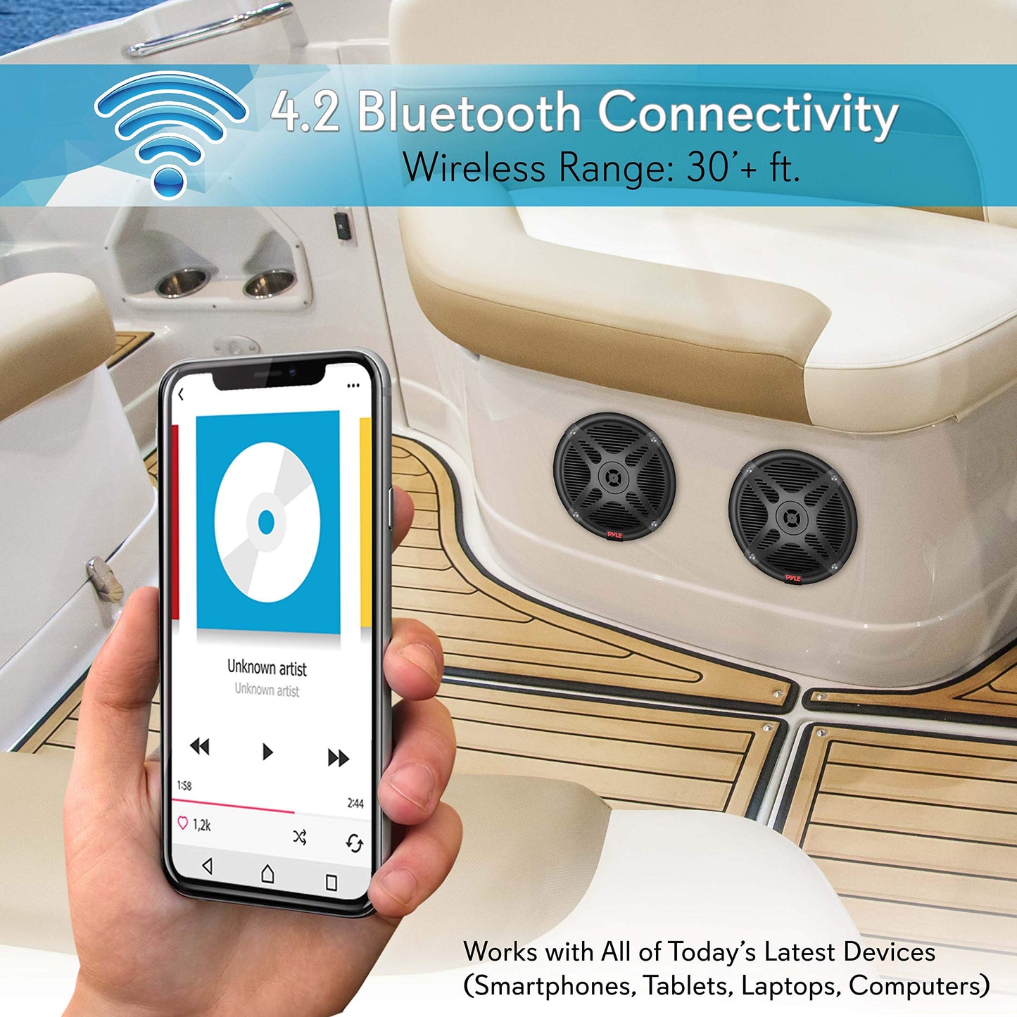 Pyle 6.5 Inch Dual Marine Speakers - Waterproof and Bluetooth Compatible 2-Way Coaxial Range Amplified Audio Stereo Sound System with Wireless RF Streaming and 600 Watt Power-1 Pair-PLMRF65MB (Black)