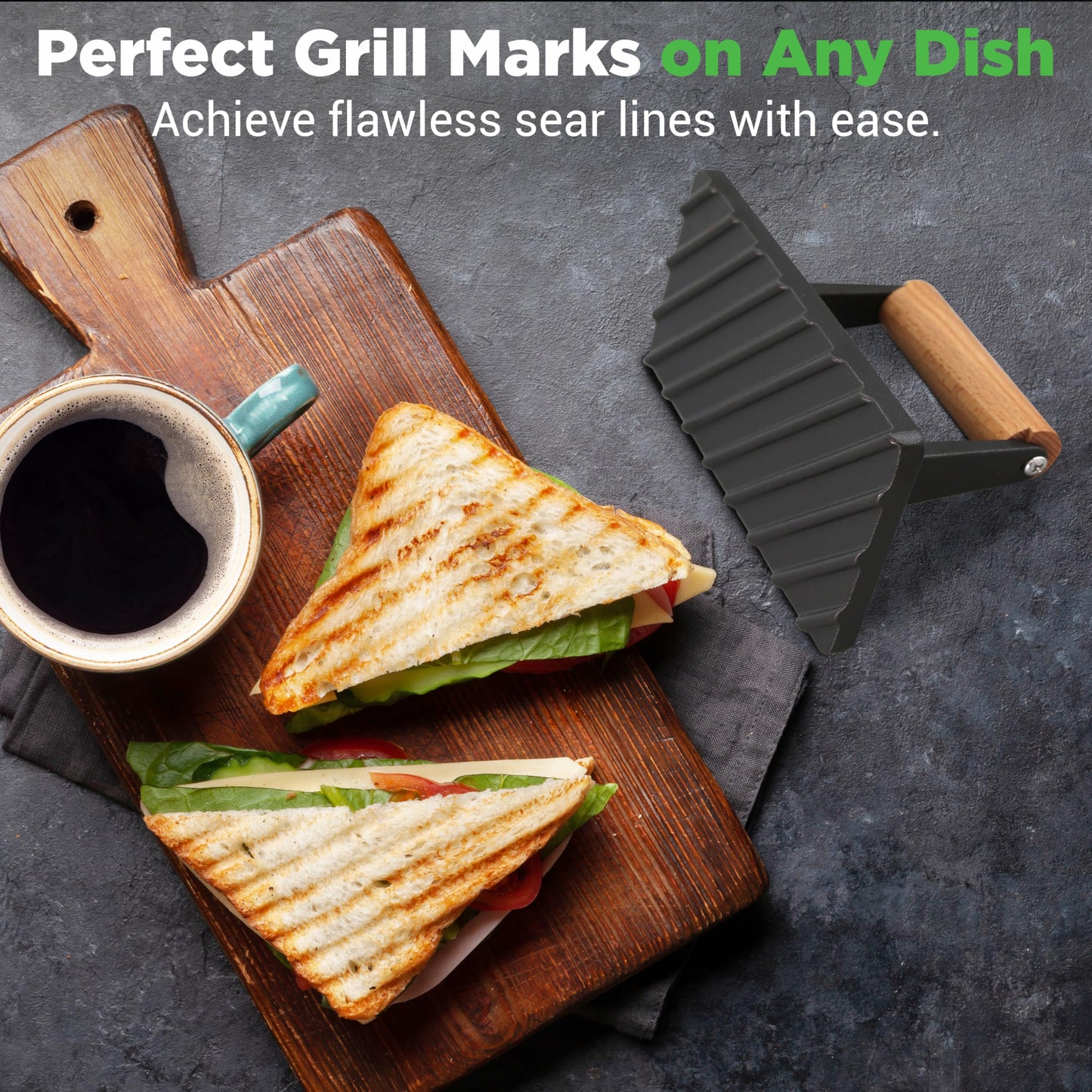 Nutrichef Cast Iron Grill Press - Heavy-Duty Griddle Press with Wooden Handle, Speeds Up Cooking Time on Steak, Burger Patty, Meats, Bacon, Quesadillas & More, Leave an Attractive Mark on Any Meat