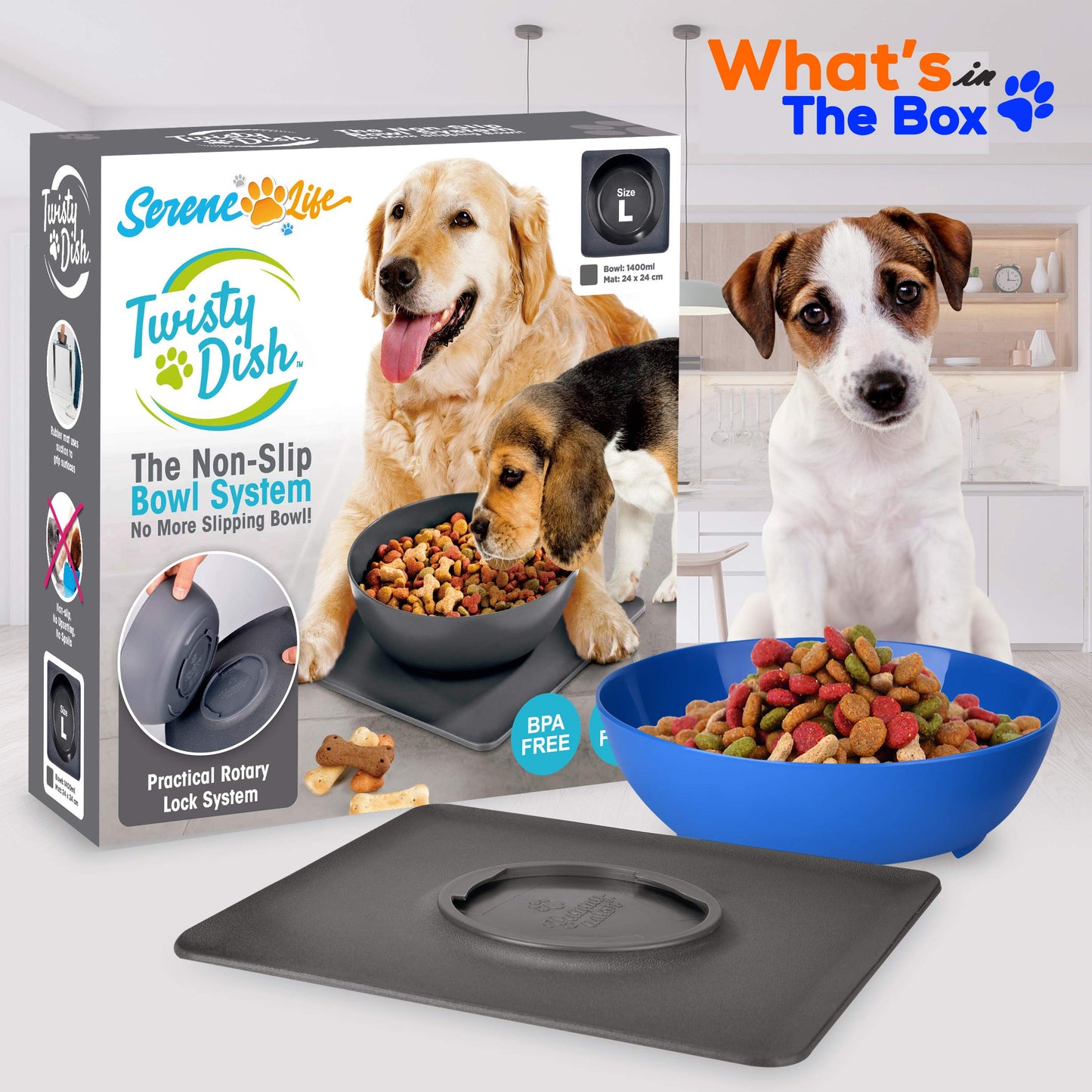 SereneLife Flip Spill Proof Set-Interlocking Non Skid Pet Puppy Cat Dog Mat-Twisty Dish Food/Water Bowl for Mess Free Feeding SLTDG6, Medium, Blue (SLTDG66)