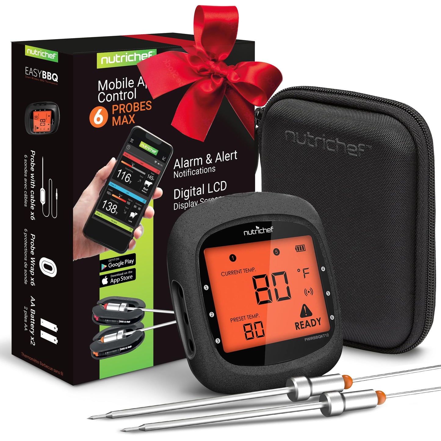 NutriChef Smart Bluetooth BBQ Thermometer with Travel Zip Case, Upgraded Stainless w/ 2 Temperature Probes, LCD Display, Done Alarm Android iPhone, Gas Charcoal BBQ Smoker Temp Monitoring