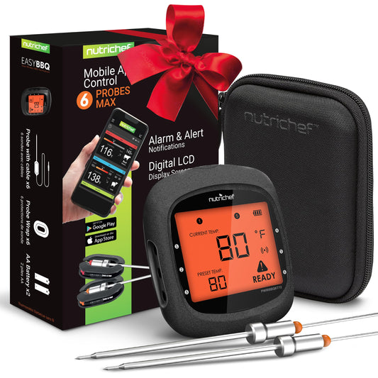 NutriChef Smart Bluetooth BBQ Thermometer with Travel Zip Case, Upgraded Stainless w/ 2 Temperature Probes, LCD Display, Done Alarm Android iPhone, Gas Charcoal BBQ Smoker Temp Monitoring