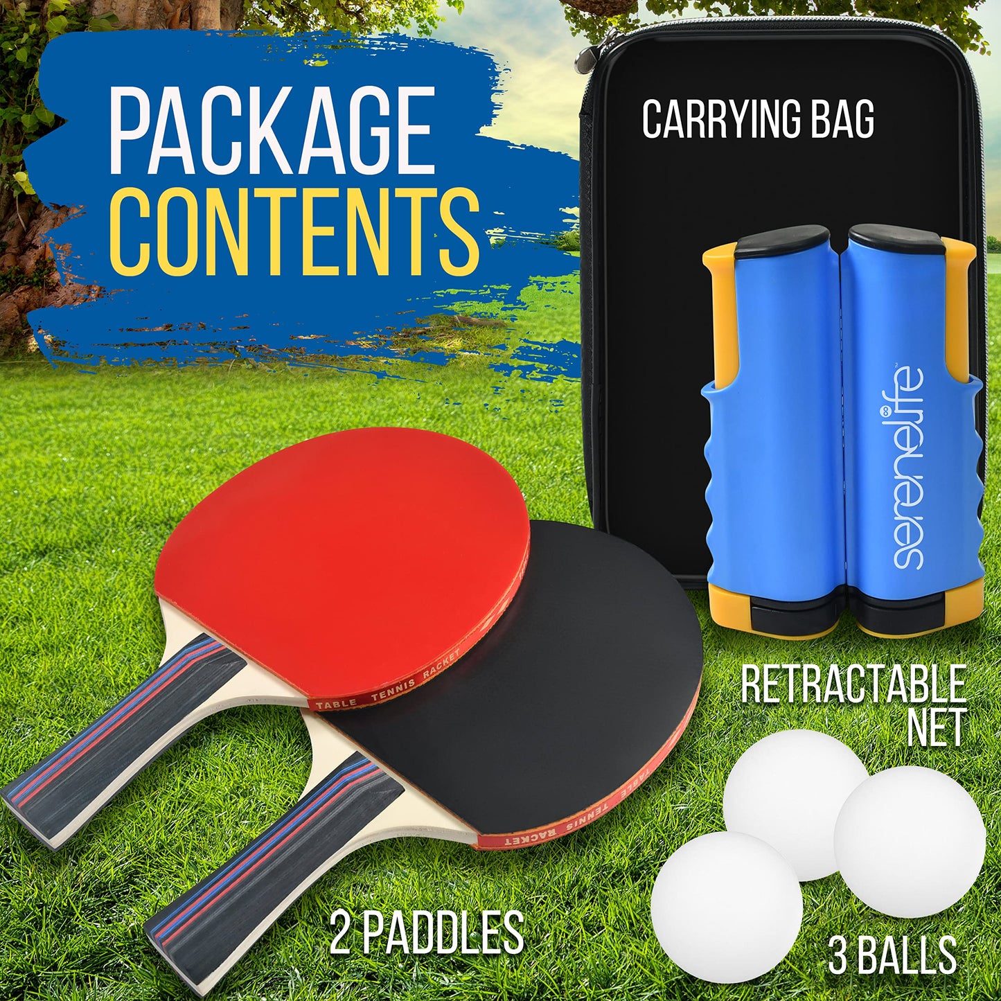 SereneLife Ping Pong Paddle Set, Indoor/Outdoor Table Tennis Paddles for 2, Includes Ping Pong Net with Clamps, 3 Balls