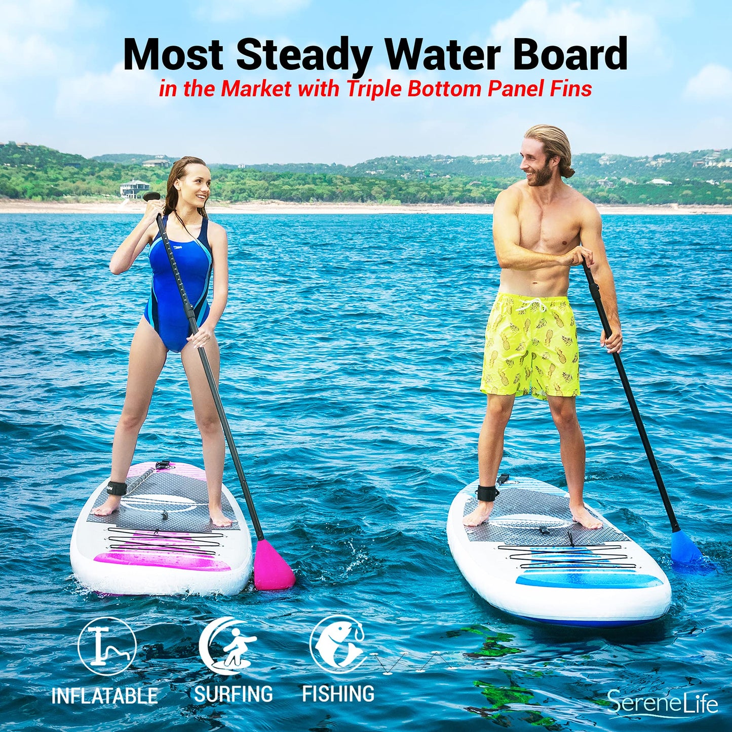 SereneLife Inflatable Stand Up Paddle Board (6" Thick) with Premium SUP Accessories & Carry Bag | Wide Stance, Bottom Fin for Paddling, Surf Control, Non-Slip Deck | Youth & Adult Standing Boat, Pink