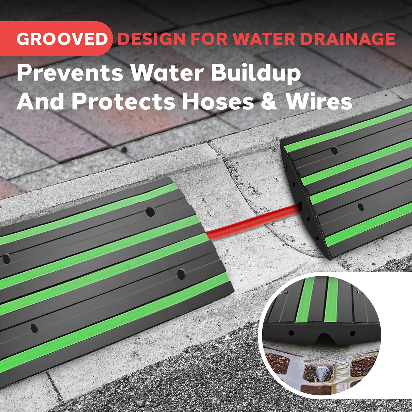 Pyle 2 Ft. Rubber Threshold Curb Ramp Set, Green Reflective Strip for Driveways, Non-Slip Marine Grade Rubber, Pack of 2 Heavy Duty Car Ramps for Trucks, RVs, Forklifts, 24.0’’x 16.0’’ x 2.6’’ Inches