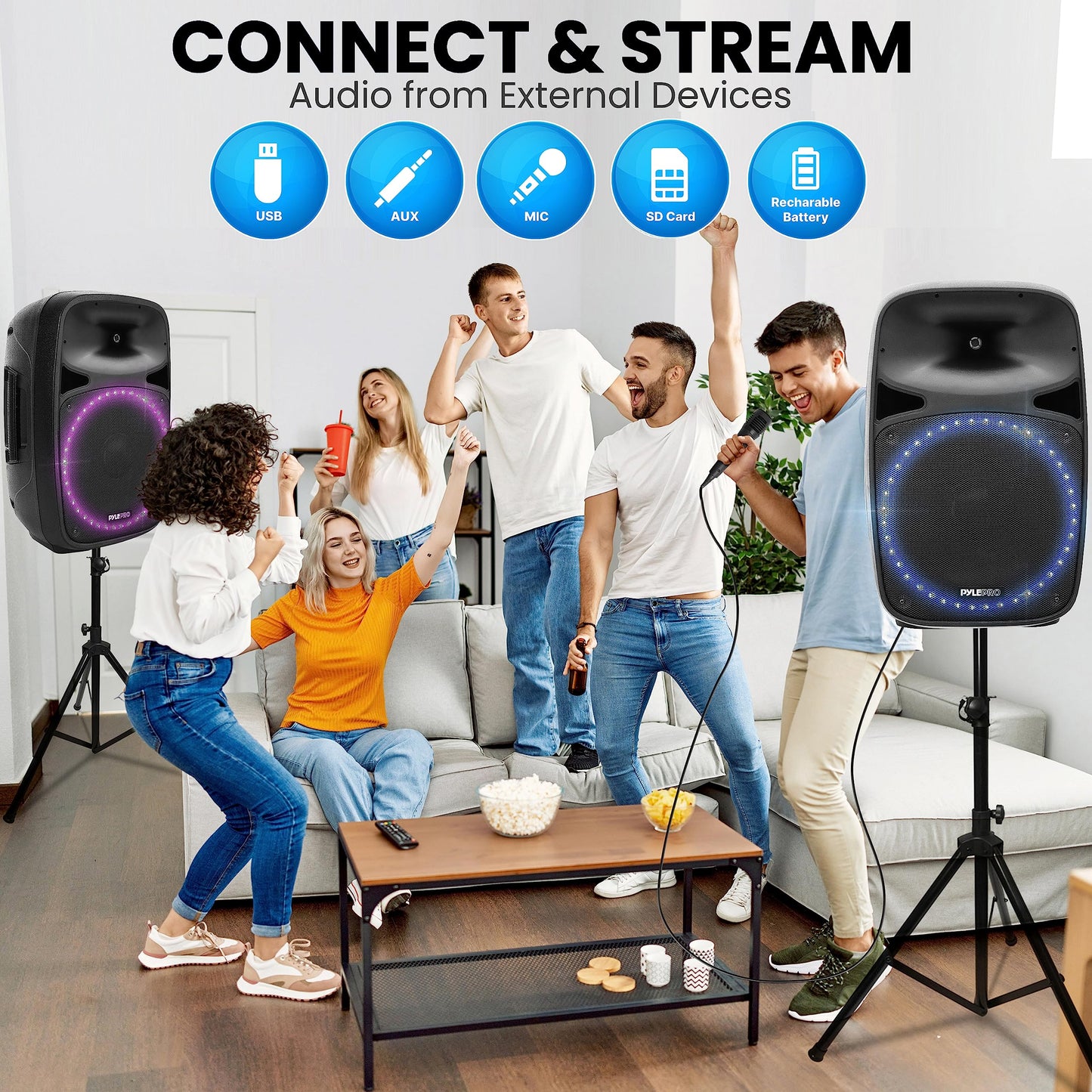 Pyle Wireless Bluetooth PA Speaker - 500W Full Range 15” Active + Passive Outdoor BT Audio System w/Party Lights, FM/AUX/MP3/USB/SD, Mic in, Handle, Wheels - with Stand, Microphone, Remote