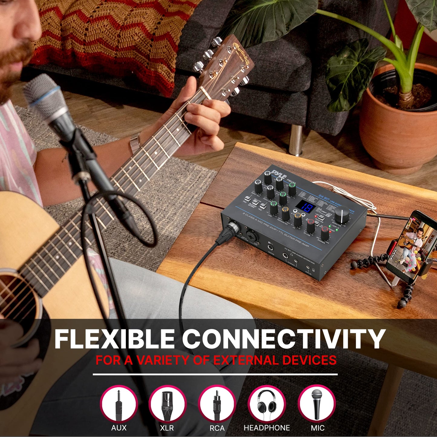 Pyle USB Audio Interface - MIC/LINE - Guitar - AUX Stereo & RCA Inputs - Preset 24 Digital Effects - Phantom Power - Phone/Stereo/Monitor/Headphone Outputs - For Computer Playing & Recording - PMUX9