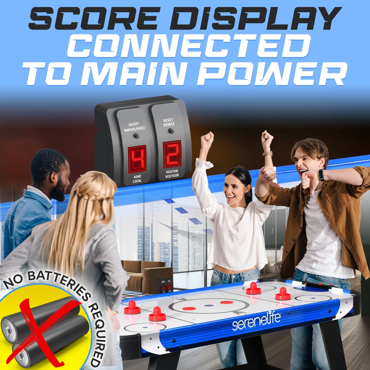 SereneLife 54" Air Hockey Game Table with 2X Stronger Motor, Light-up Scoreboard, AC in Line Power Switch Includes 2 Pucks, 2 Pushers - Blue