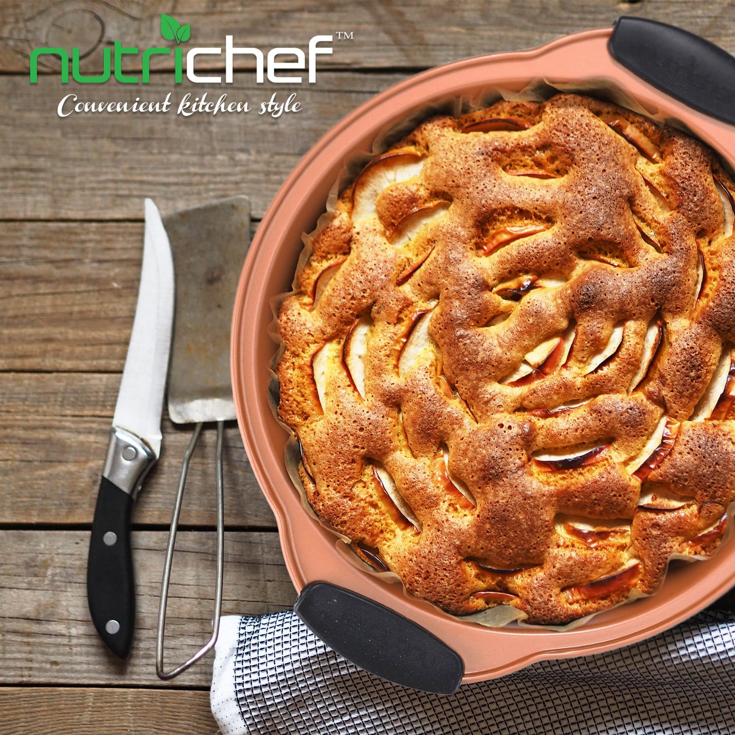 NutriChef Nonstick Round Cake Pan - Carbon Steel Oven Bakeware Pan with Silicone Grip Handles - PFOA, PFOS, PTFE Free - Bake Cake, Brownies, Pie, Bread, & More - Dishwasher Safe, 9.7 Inch (Copper)