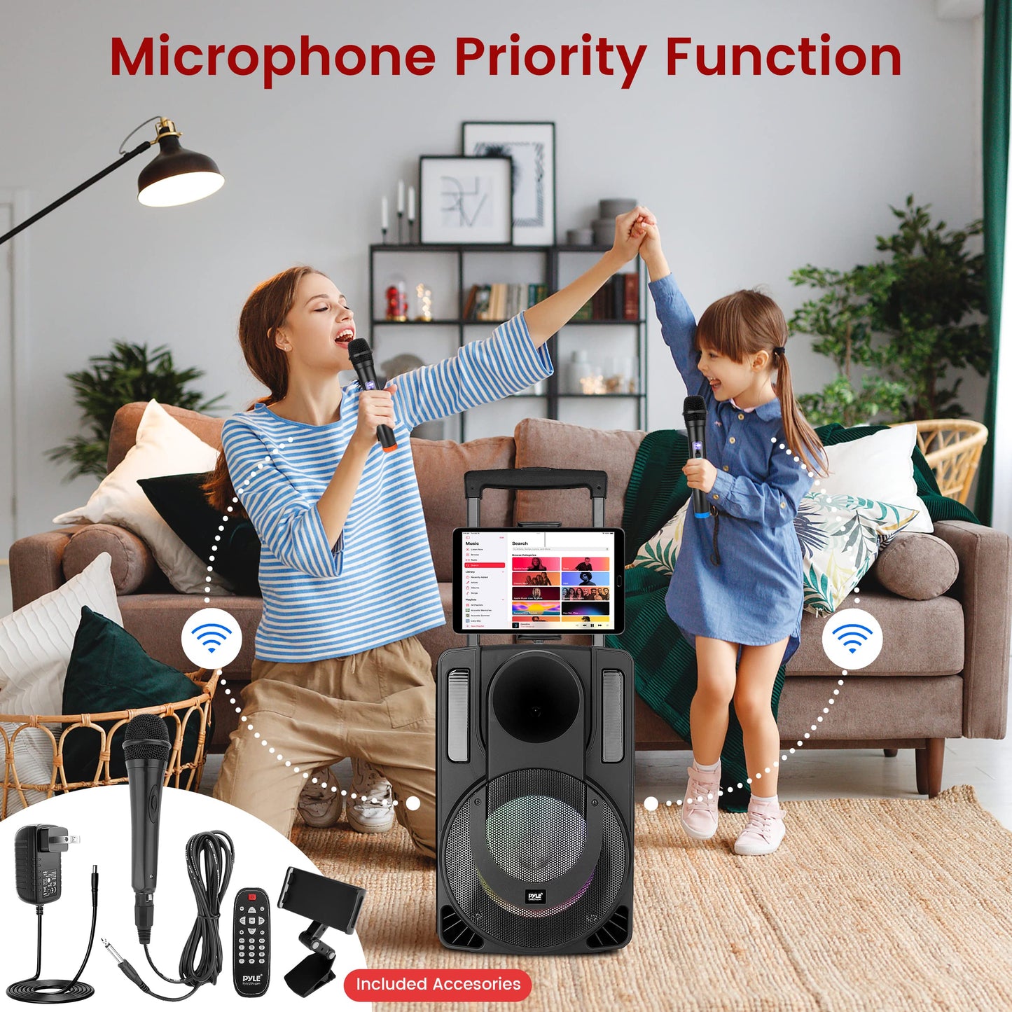 Pyle PHPWA15TB 15’' Portable PA Speaker System - Wireless BT Streaming PA & Karaoke Party Audio Speaker, Two Wireless Mic, Wired Microphone, Tablet Stand, Flashing Party Lights, MP3/USB/FM Radio