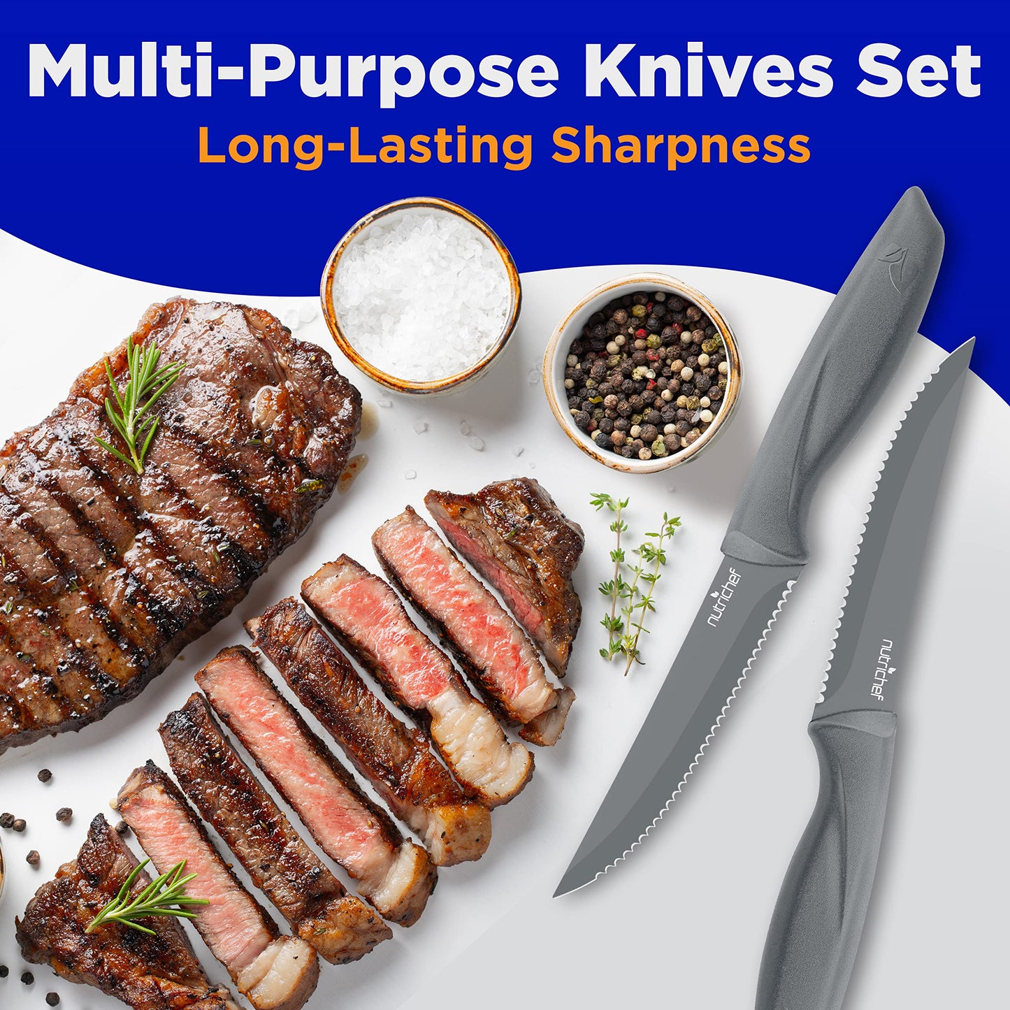 8 Piece Kitchen Knife Set - Multi-purpose Unbreakable Ergonomic Non-stick Stainless Steel Kitchen Steak Knives Set with Fully Serrated Blades - Great for BBQ Grill - NCSK8GY