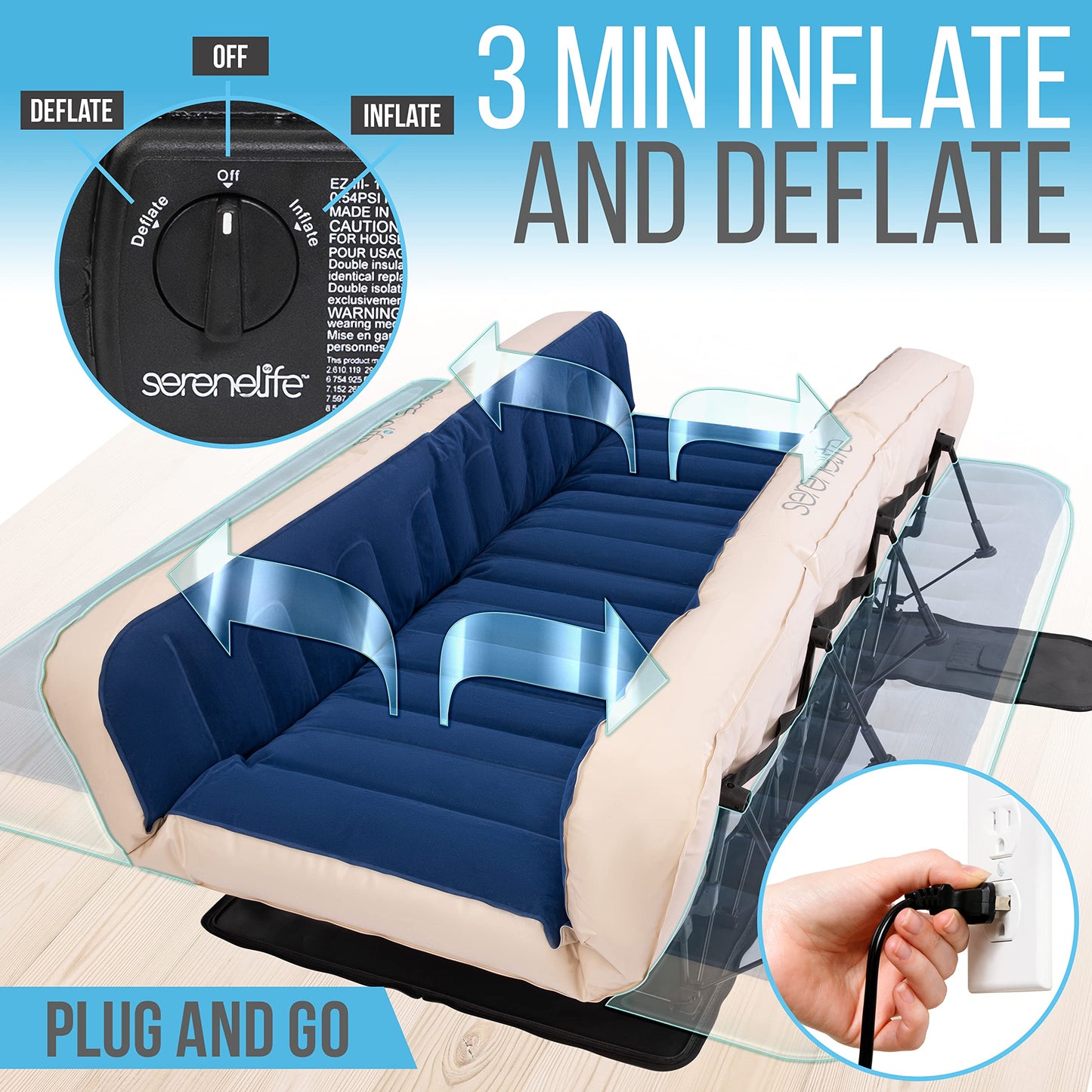 SereneLife EZ Bed Air Mattress with Frame and Rolling Case, Self-Inflating Airbed with Built in Pump for Travel and Hosting, King