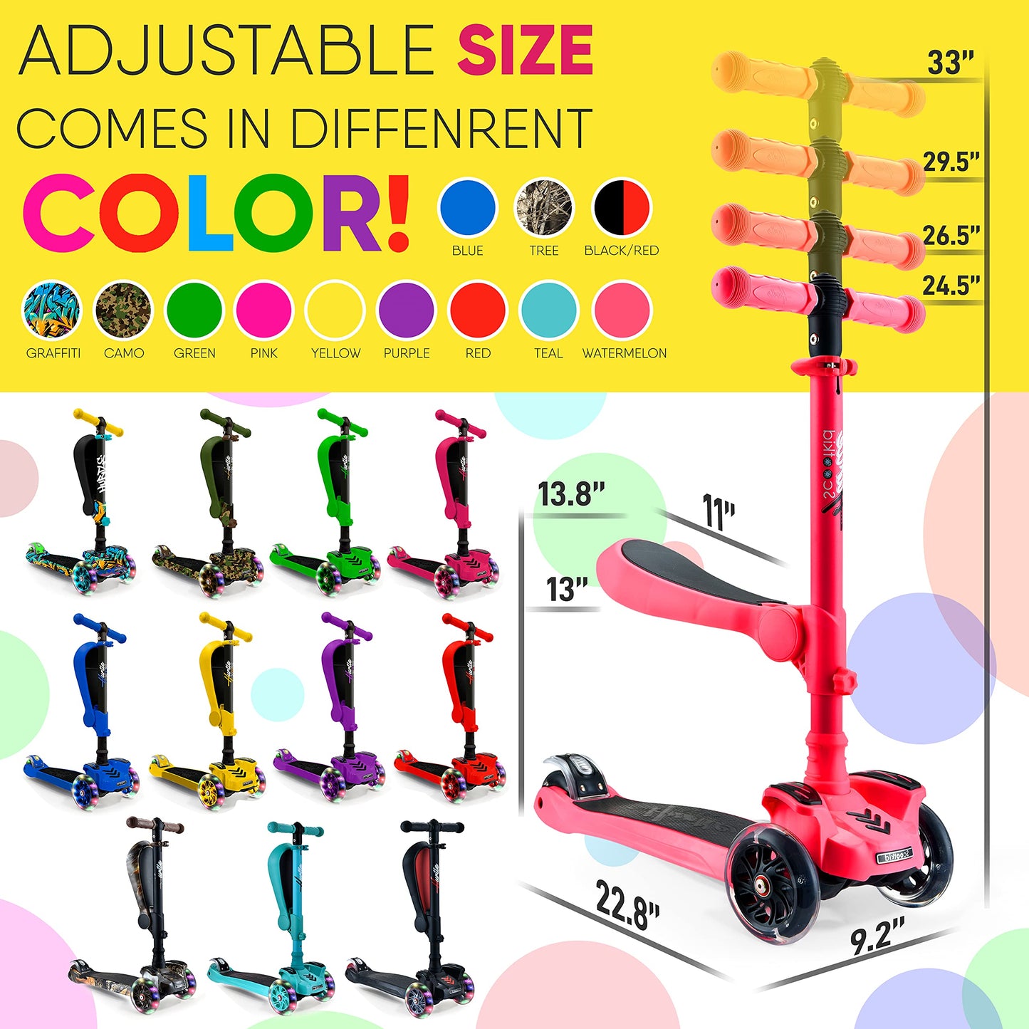 Hurtle Kids Scooter - Child Toddler Kick Scooter Toy with Foldable Seat - 3 Wheel Scooter with Adjustable Height, Anti-Slip Deck, Flashing Wheel Lights, for Boys/Girls 1-12 Year Old, Watermelon