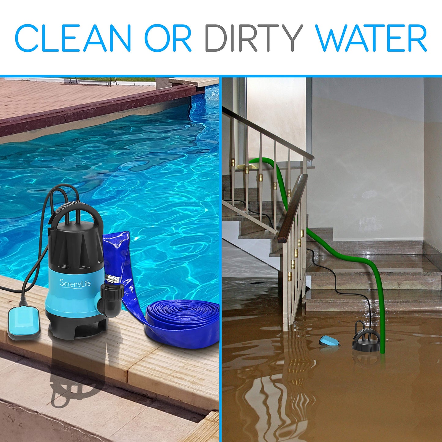 SereneLife 1/2HP Sump Pump Submersible, 1980GPH Water Pump for Pool Draining with Auto Float Switch, 3pc Adapter Set for USA Garden and Flat Hose, 16ft Cord, Clean Dirty Water, Yard, Pool, Tub, Pond