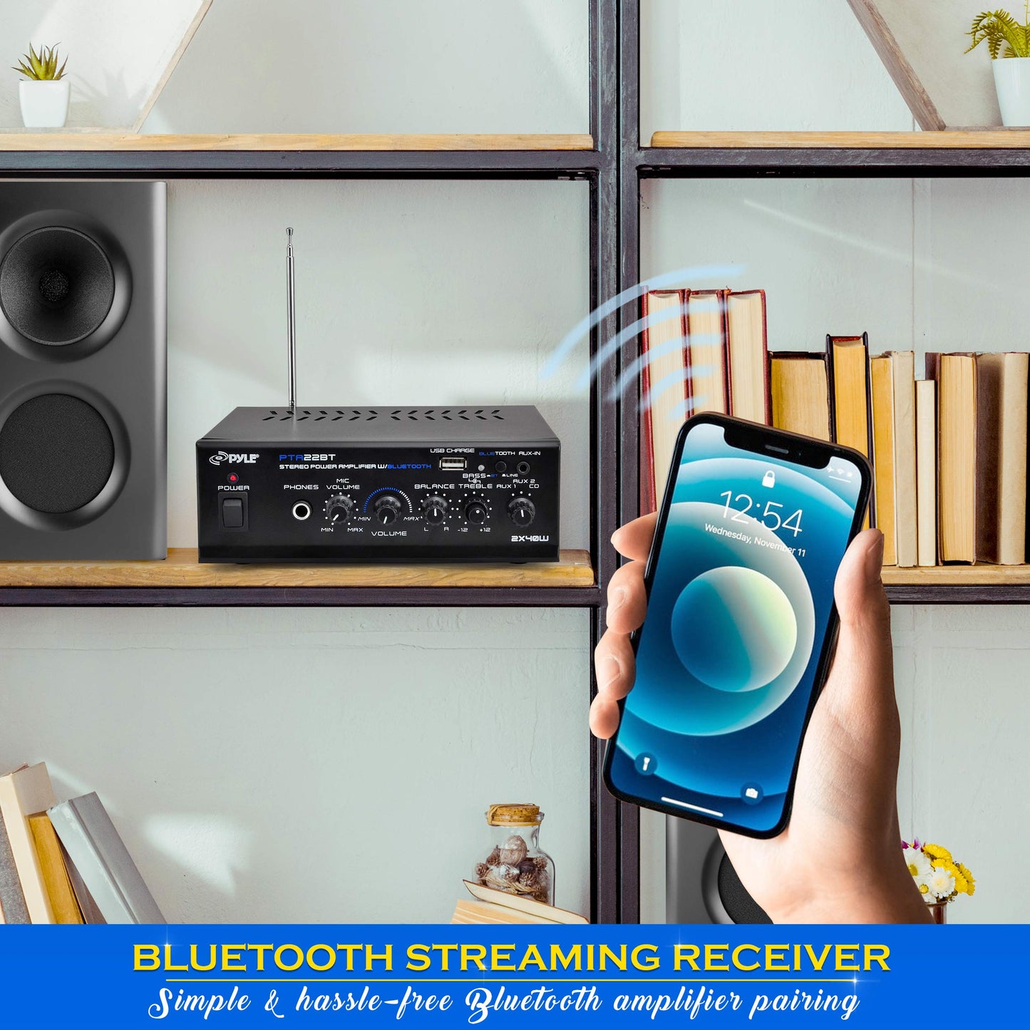 Pyle Bluetooth 5.0 Mini Home Audio Amplifier - 40W x 2 Compact Desktop Stereo Receiver with USB - SD - FM - Mic Input - Pager & Mixer Karaoke Modes - RCA Input - AUX - Headphone Jack - PTA22BT