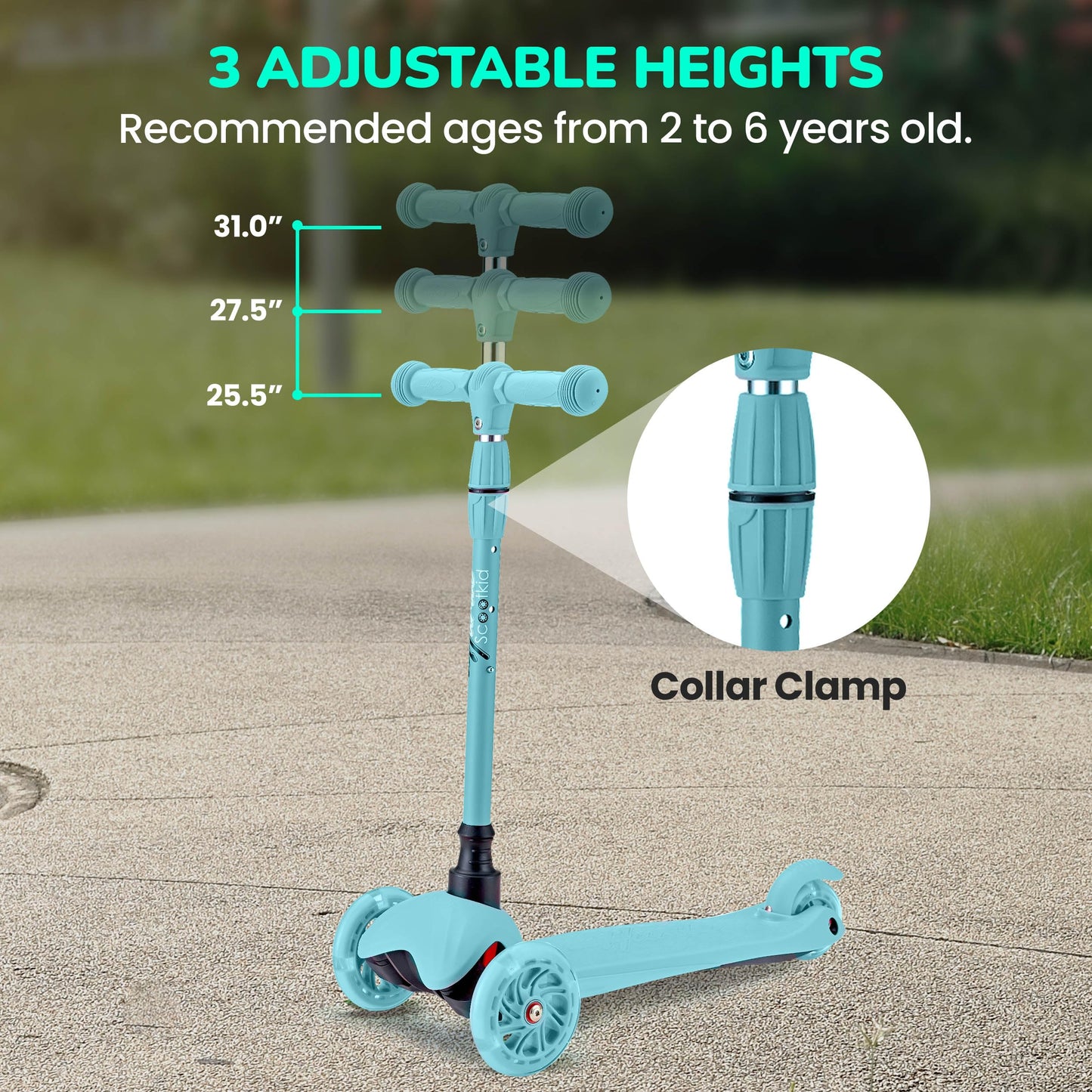Hurtle Mini Kickboard Scooter for Kids - Height Adjustable 25''-28'', Lightweight 3-Wheel with LED Light-up Wheels, Anti-Slip,Indoor/Outdoor Fun, Micro Scooters for Ages 2-5 (Teal)