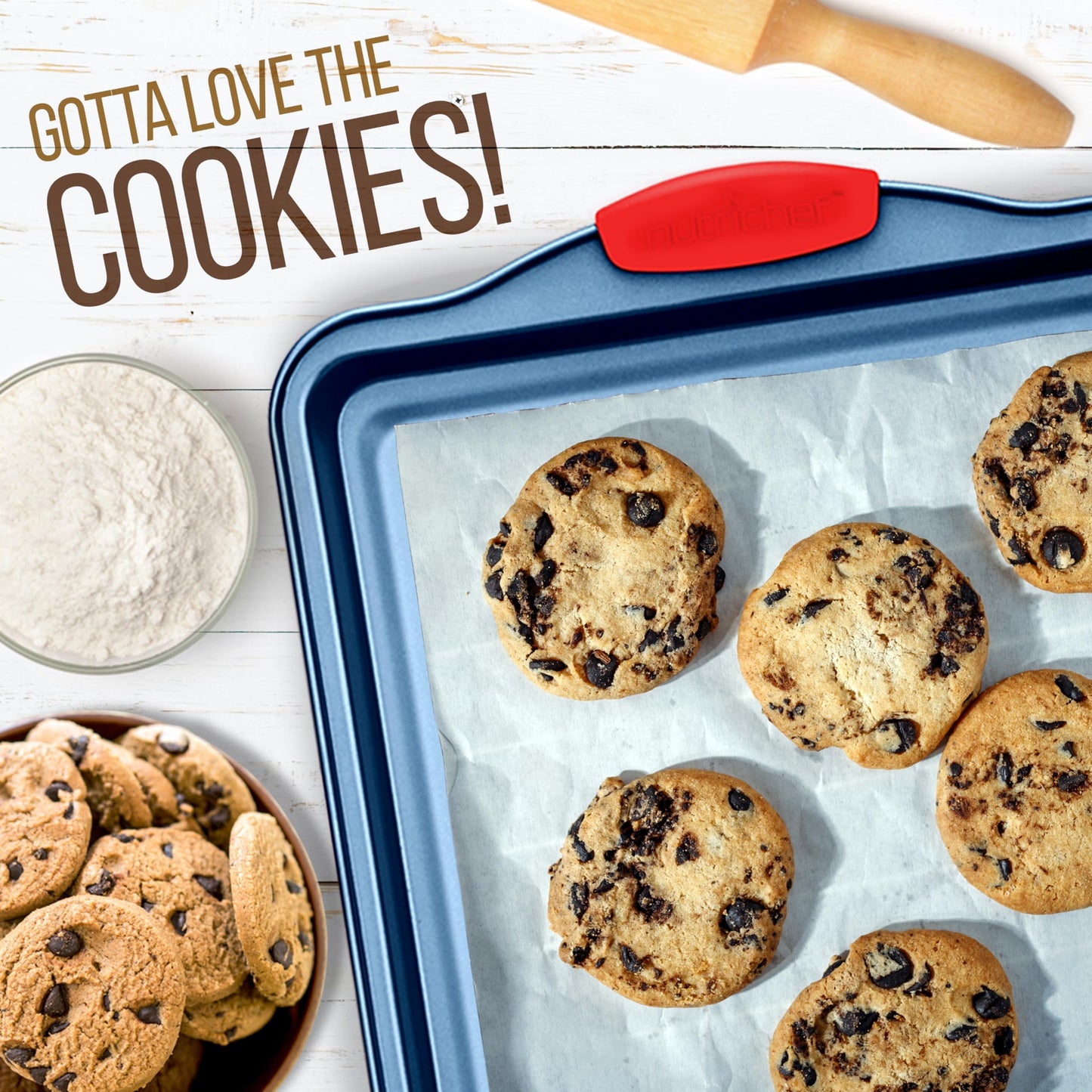 NutriChef 3-Piece Nonstick Cookie Sheets for Baking - Premium Carbon Steel Baking Trays w/ Non-Stick Smooth Coating & Silicone Handles - Large, Medium, & Small Bakeware - Blue