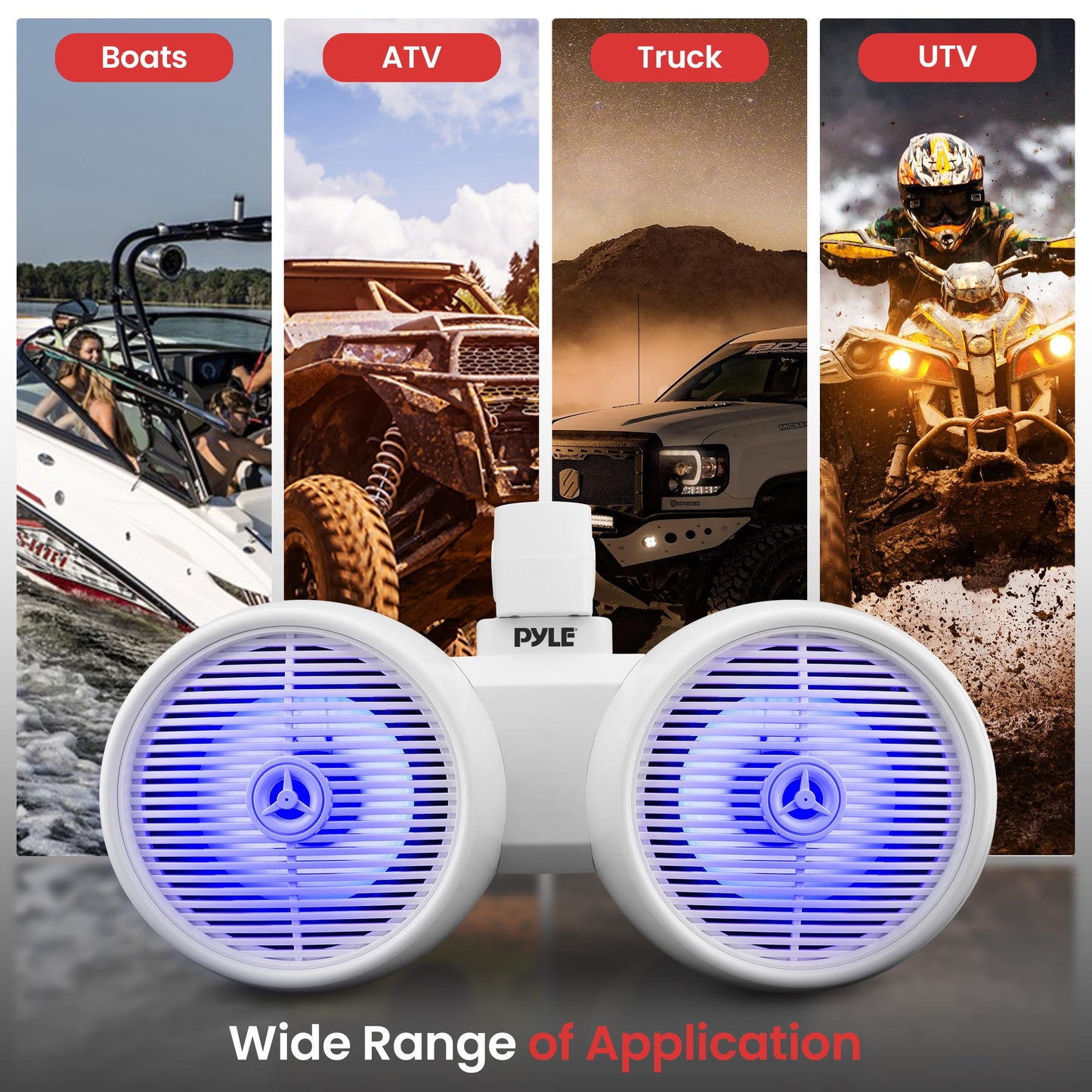 Pyle Dual Bluetooth Off-Road Speakers - 8” 300W 2-Way Marine Waterproof Wakeboard Tower Sound System w/LED Light, Full Range Outdoor Stereo Speaker for Car ATV Jeep Boat, Includes Brackets (White)