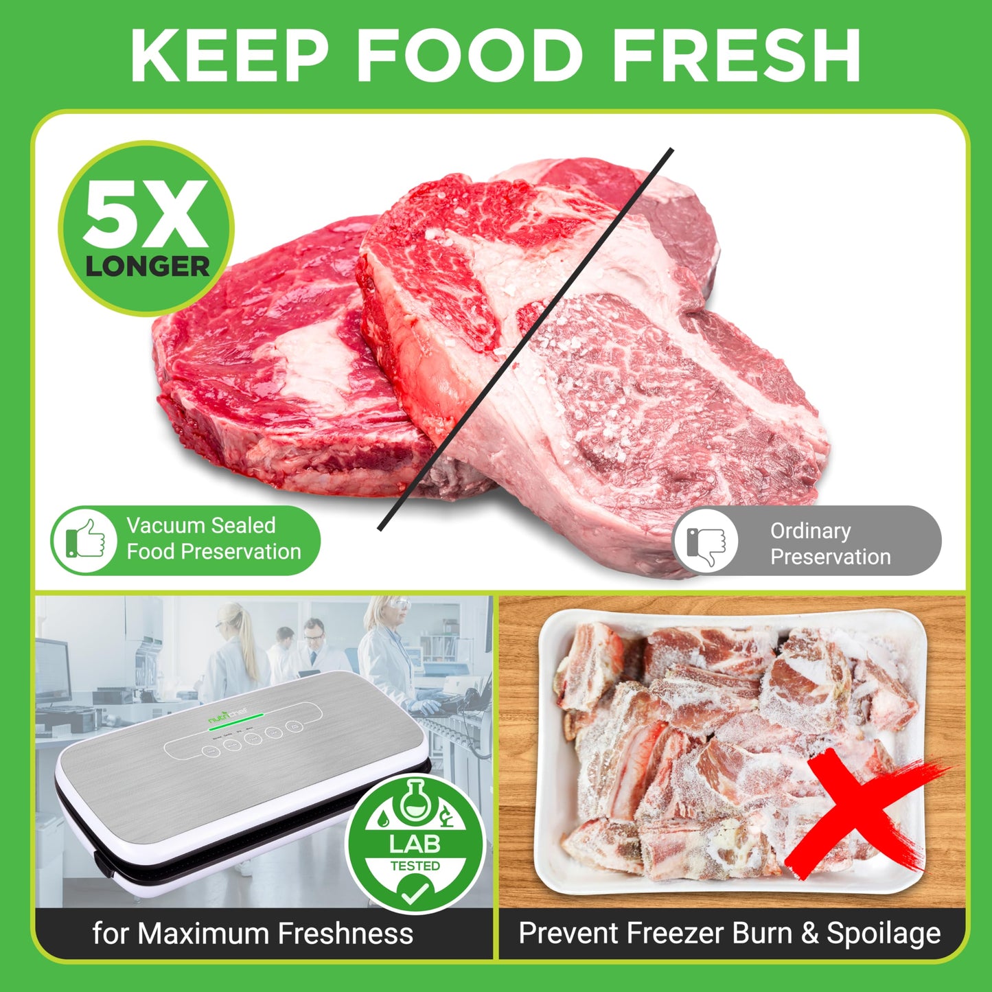 NutriChef Food Vacuum Sealer Machine - Automatic Air Sealing System for Dry & Moist Foods, LED Touch Controls, Includes Vacuum Bags, Hose & Wine Stopper, High Suction Power, 14"x6"x3", Silver