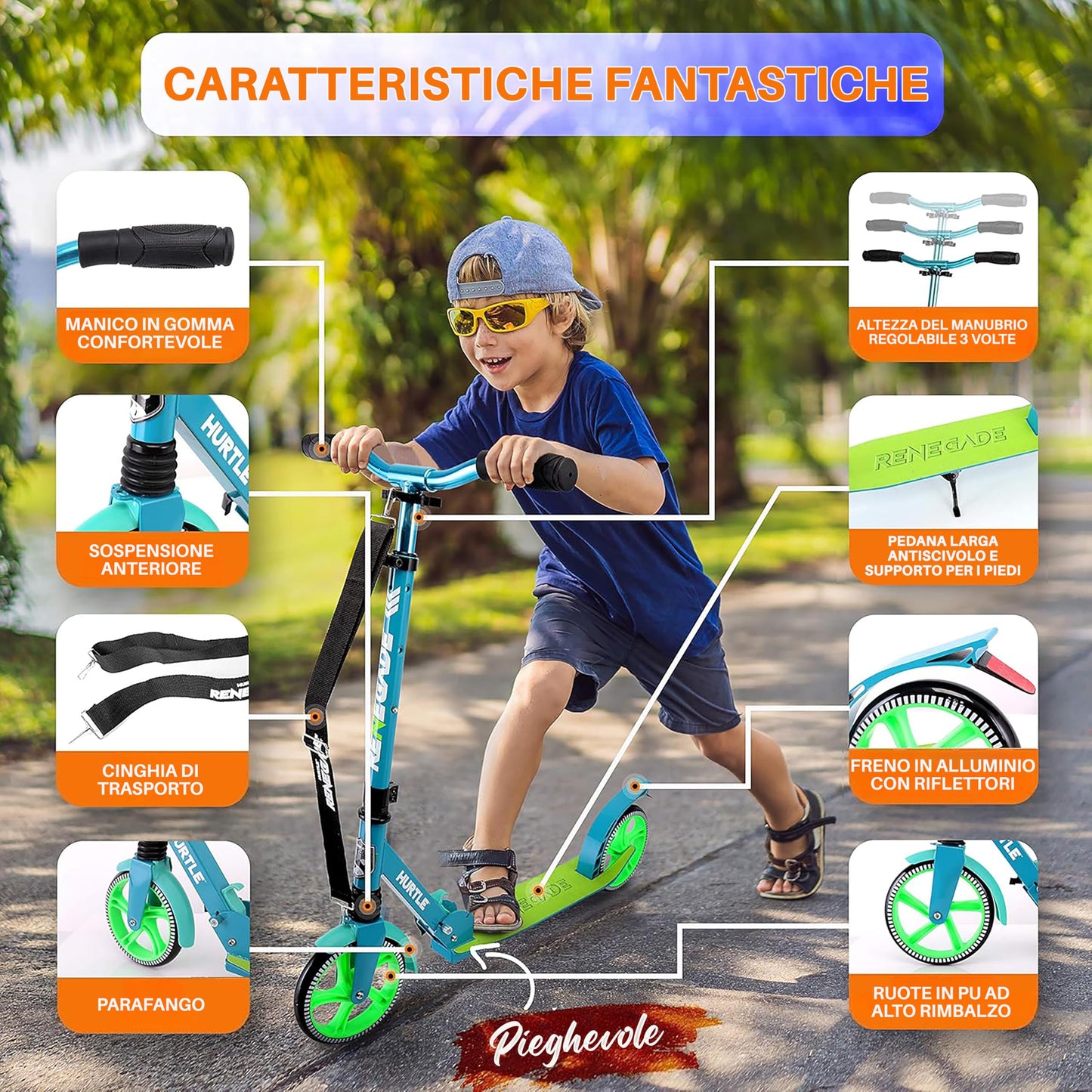 Hurtle Renegade Kick Scooters for Kids Teenagers Adults- 2 Wheel Kids Scooter with Adjustable T-Bar Handlebar - Alloy Anti-Slip Deck - Portable Folding Scooters for Kids with Carrying Strap