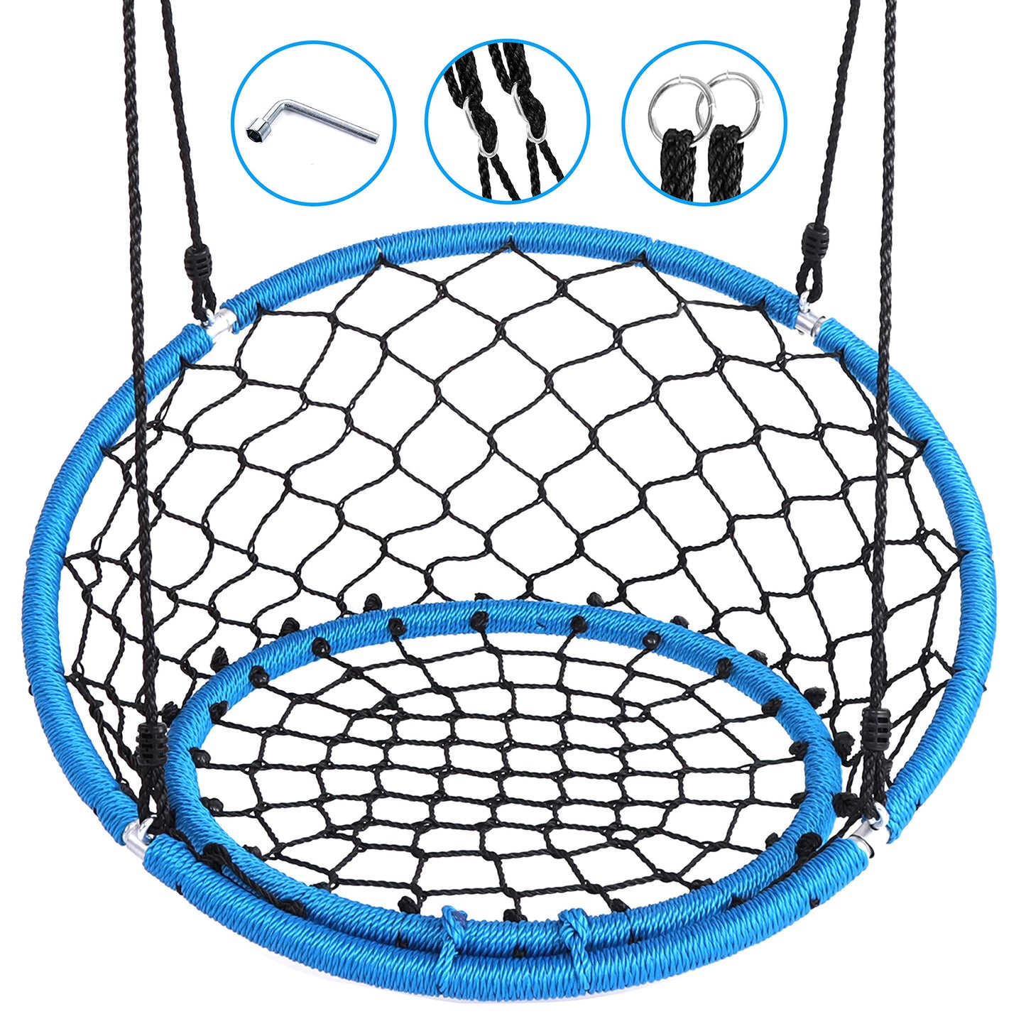 SereneLife Hanging Netted Seat Swing - 35.5" Inch Kids Indoor Outdoor Yard Round Circle Saucer Swing for Trees or Swing Sets - All Season UV Resistant Rope Swing Net Seat - SLSWNG125